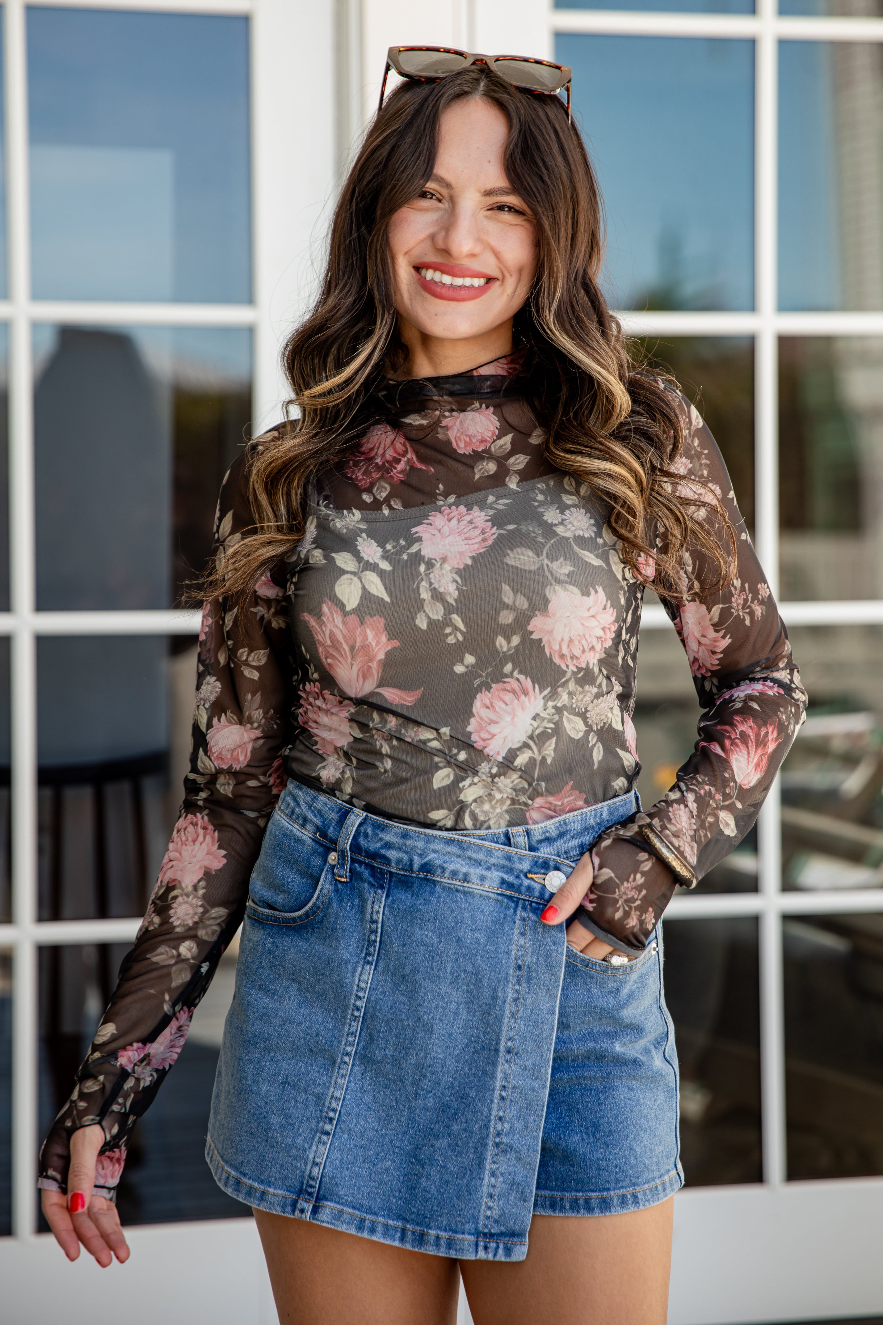 FINAL SALE - Petal Path Floral Black Mesh Top - DU Deal