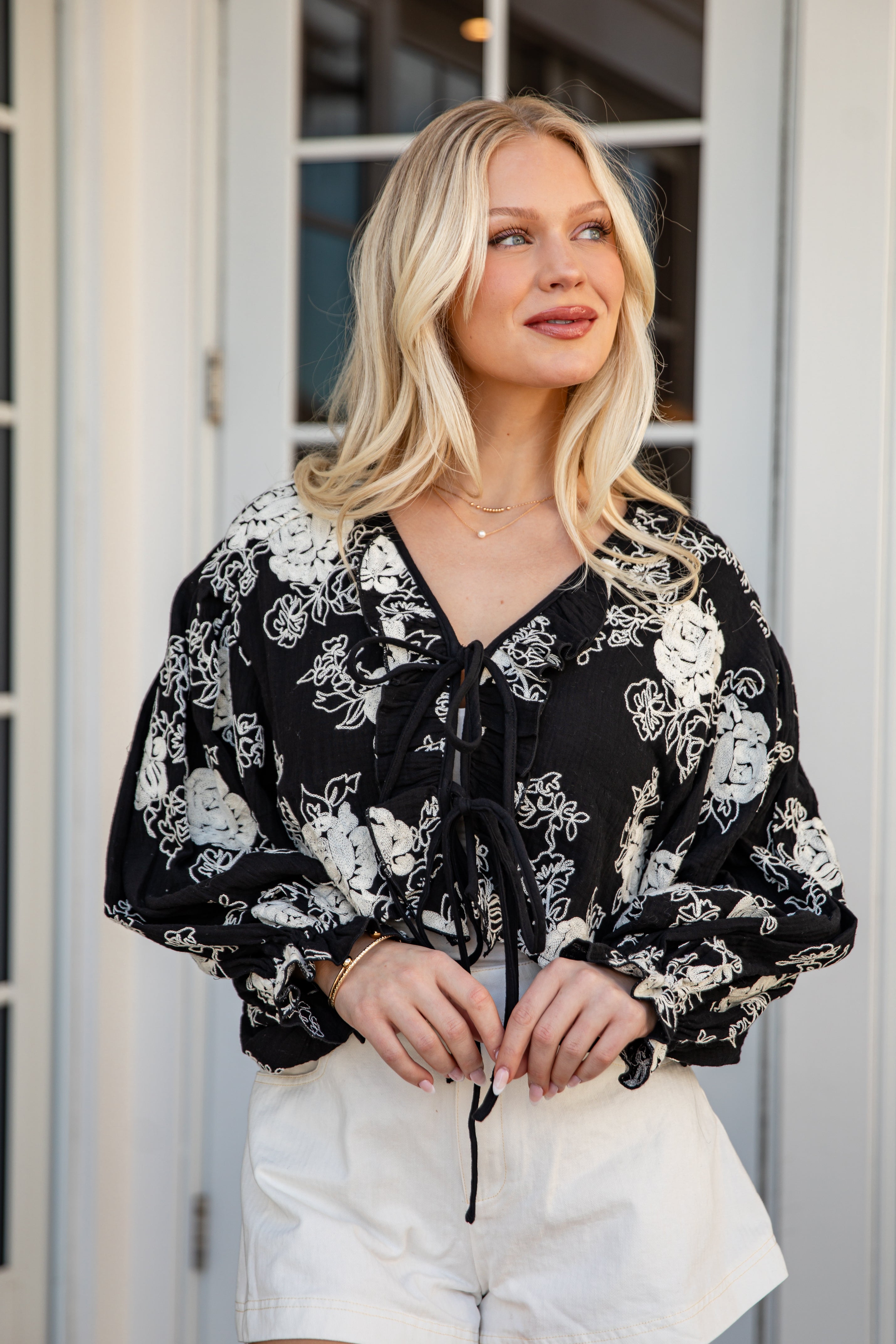 FINAL SALE - All About You Floral Tie-Front Black Blouse