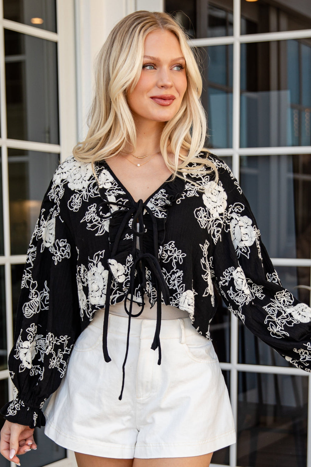 FINAL SALE - All About You Floral Tie-Front Black Blouse