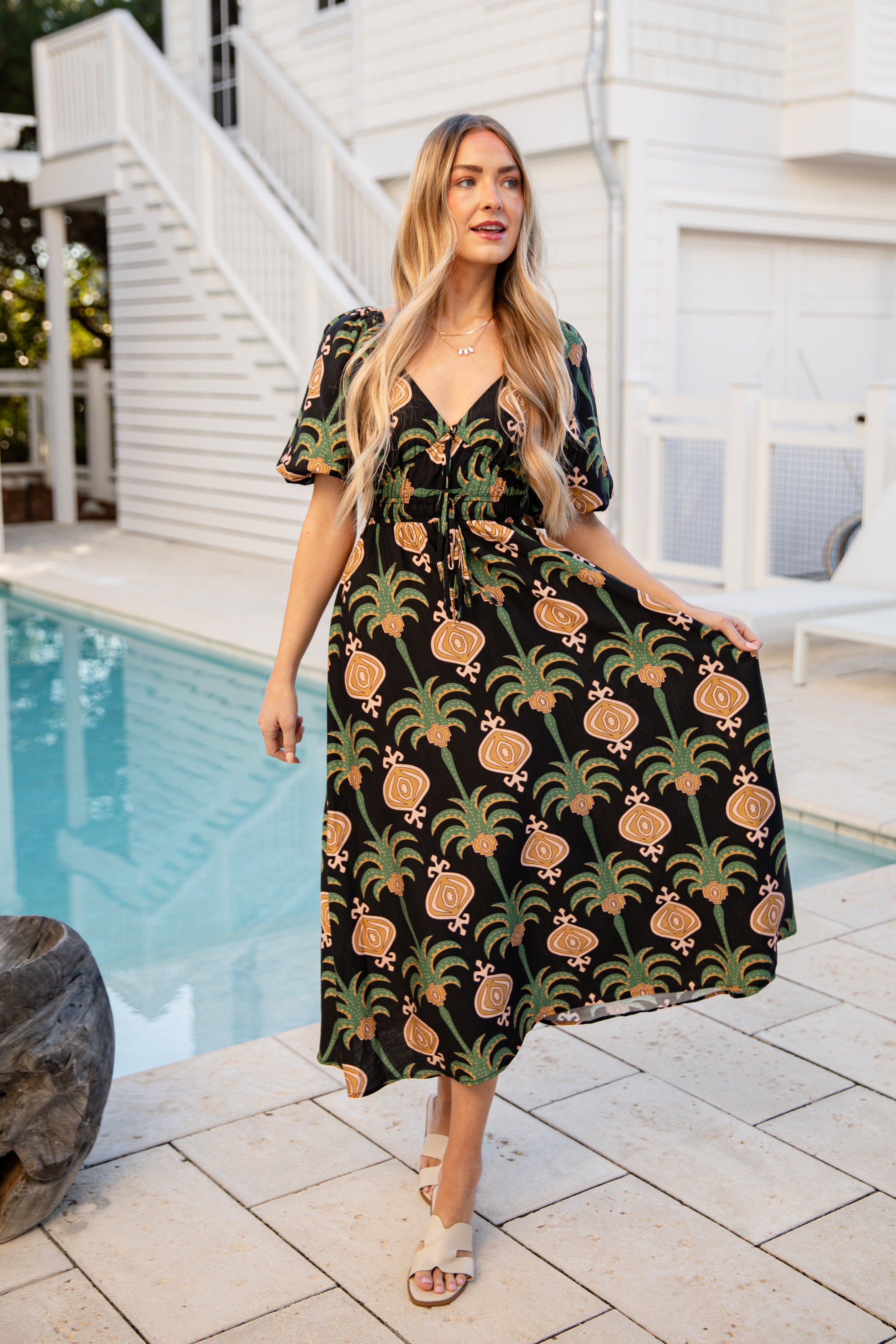 FINAL SALE - Greenhouse Garden Print Black Midi Dress