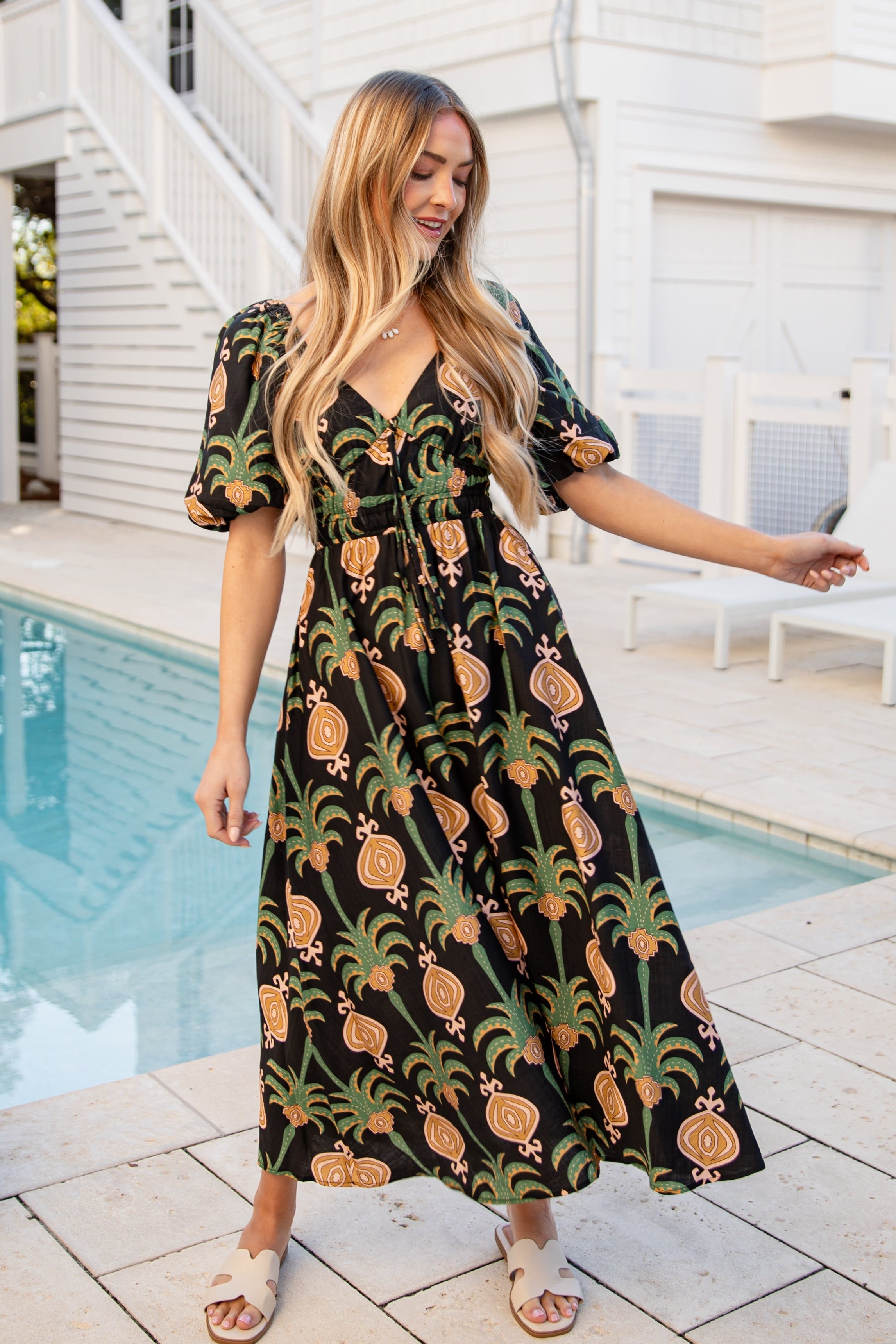 FINAL SALE - Greenhouse Garden Print Black Midi Dress