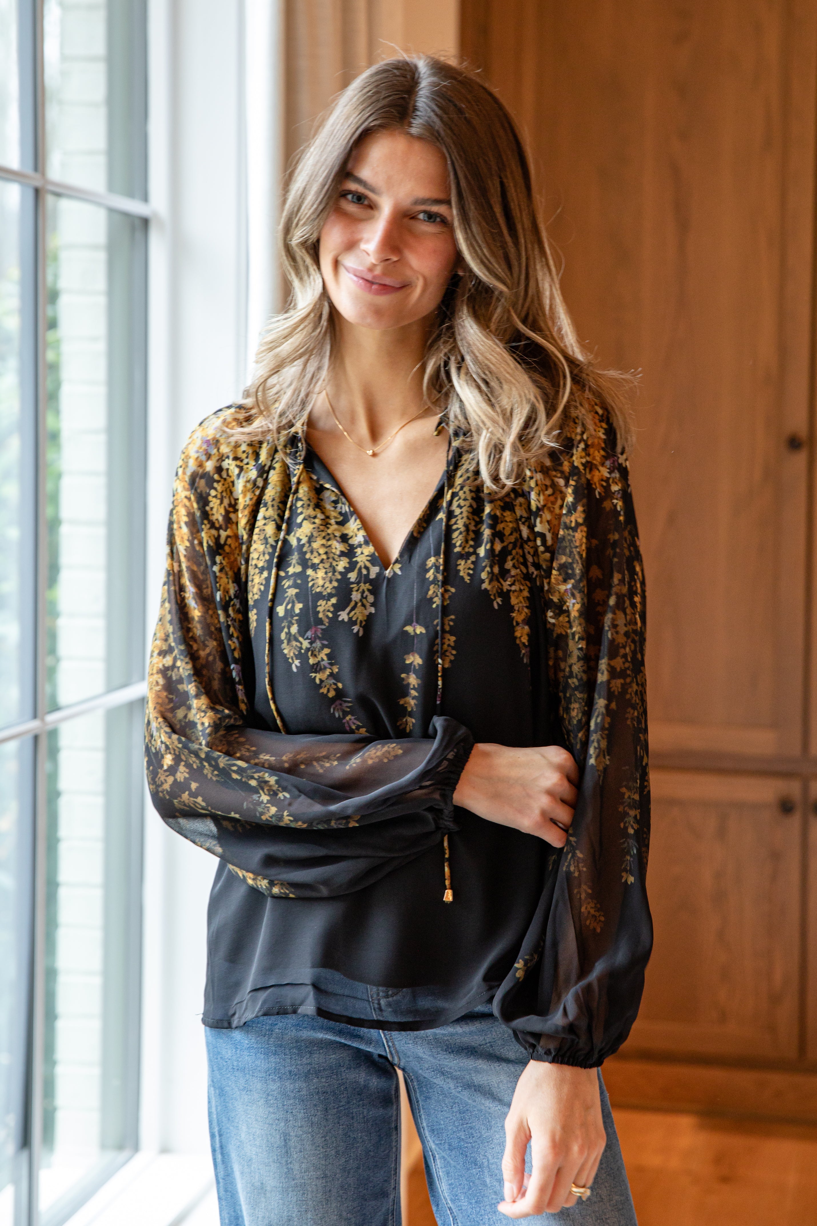 FINAL SALE - Golden Petal Evening Black Blouse