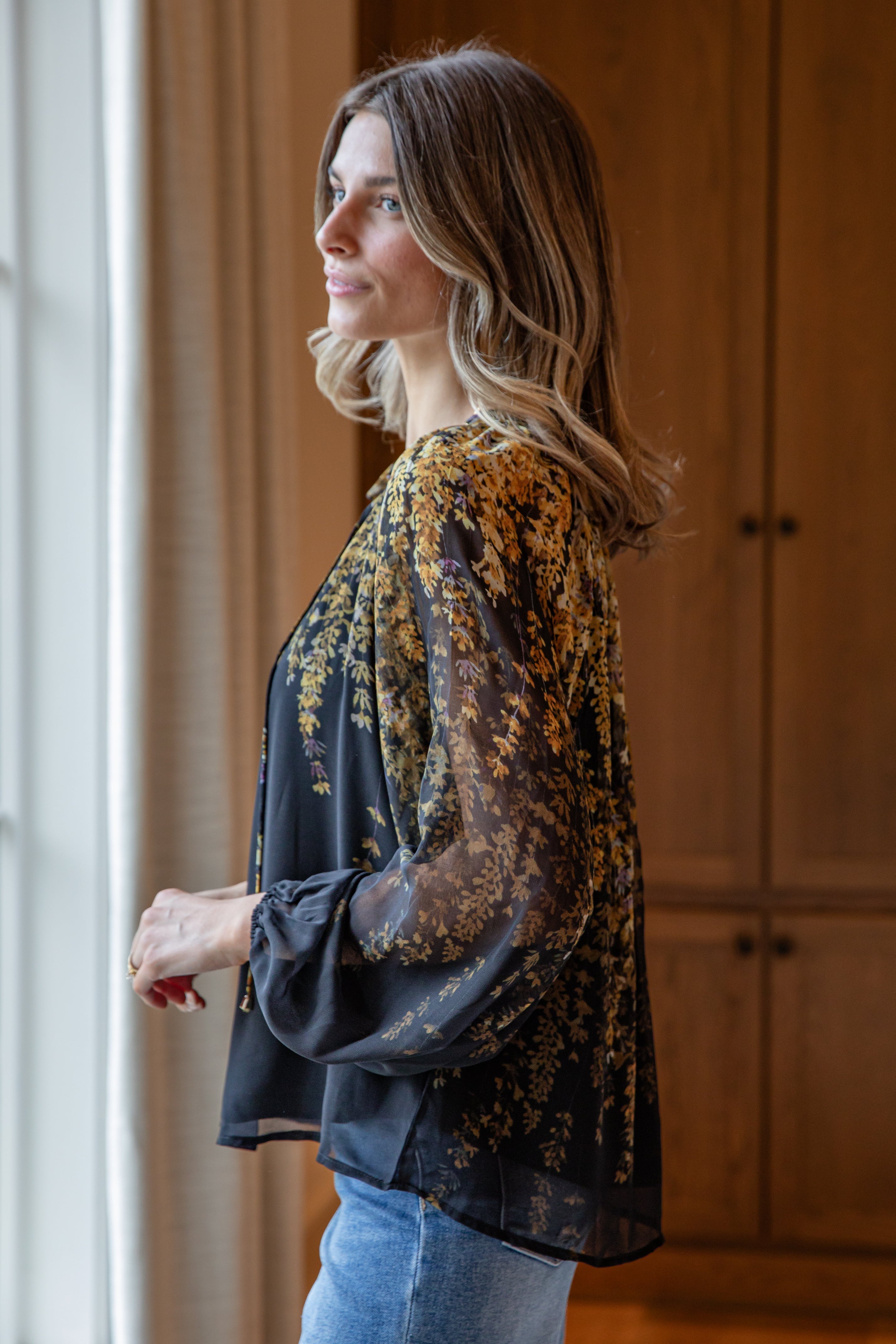 FINAL SALE - Golden Petal Evening Black Blouse
