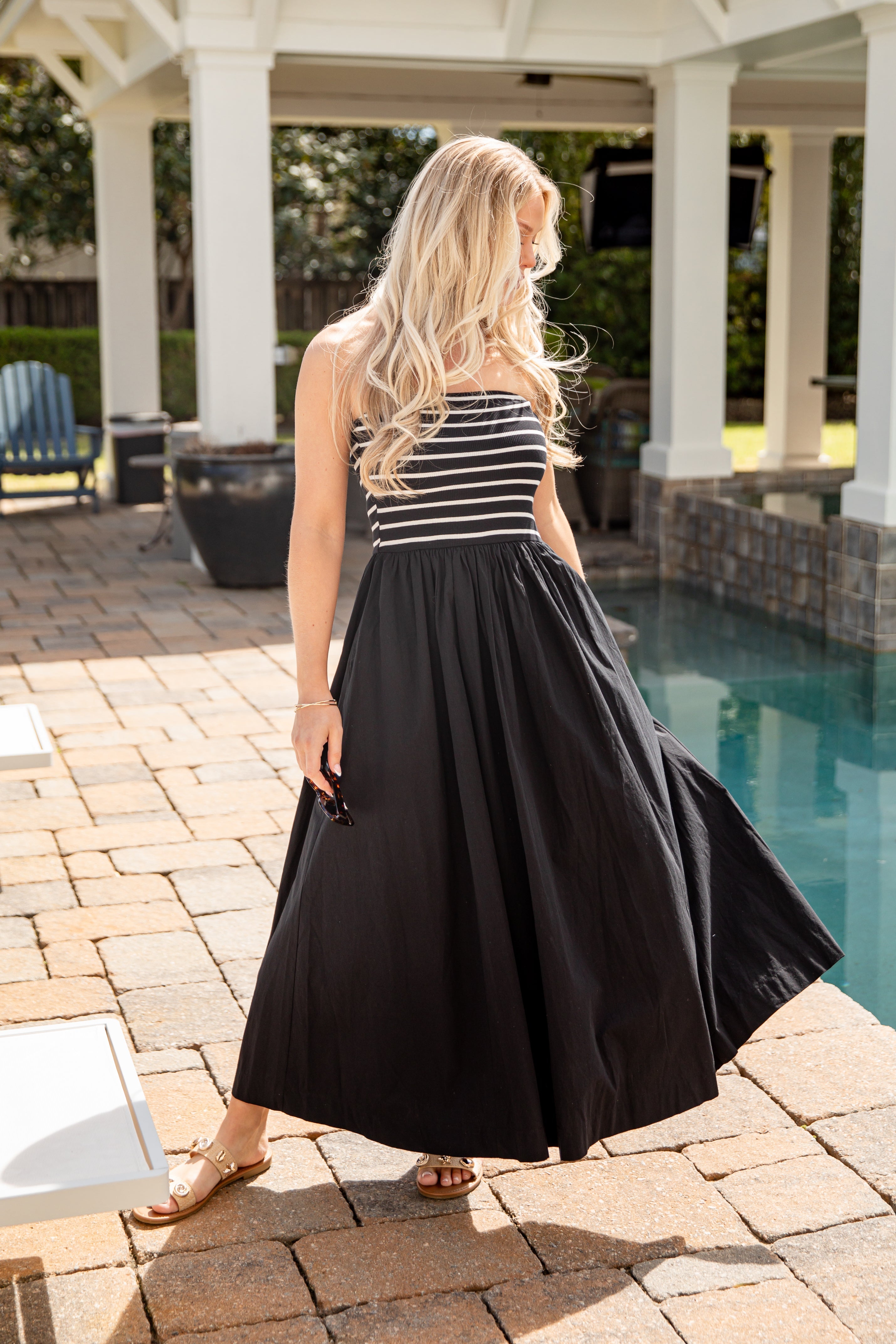Timeless Style Striped Strapless Black Maxi Dress
