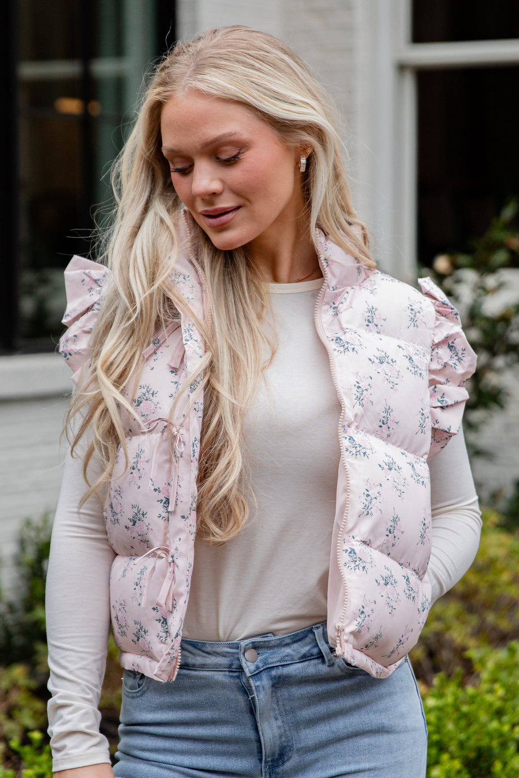 FINAL SALE - Blush Floral Ruffle Puffer Vest
