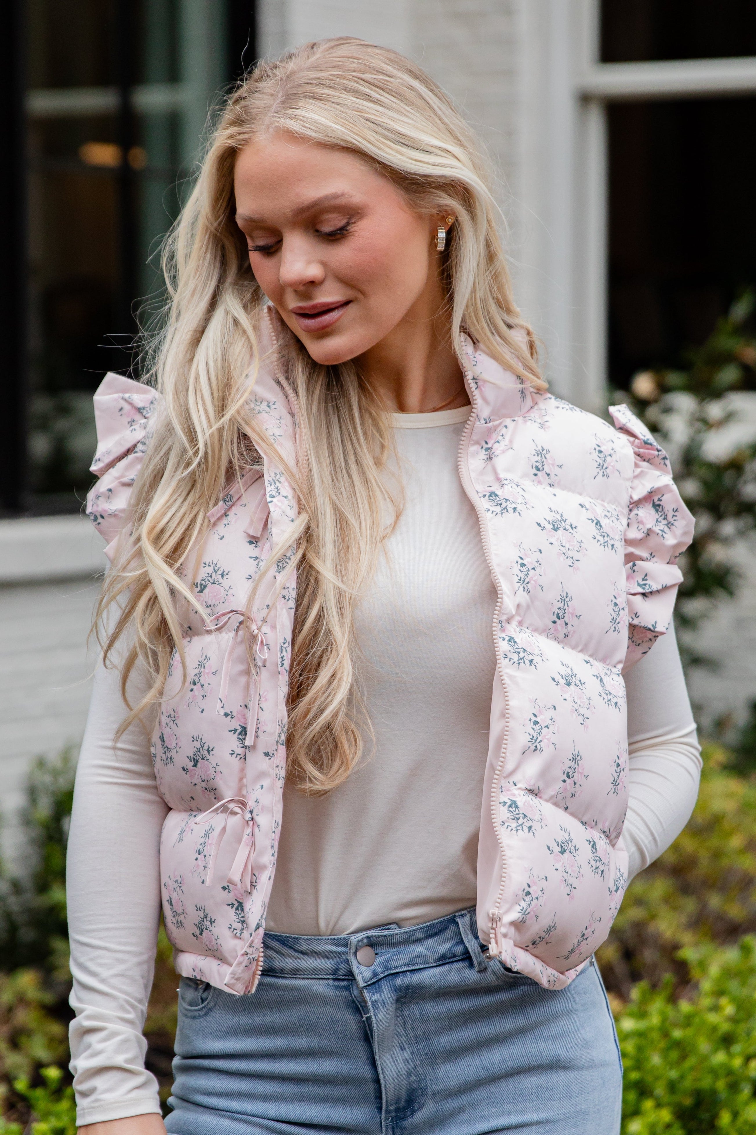 FINAL SALE - Blush Floral Ruffle Puffer Vest
