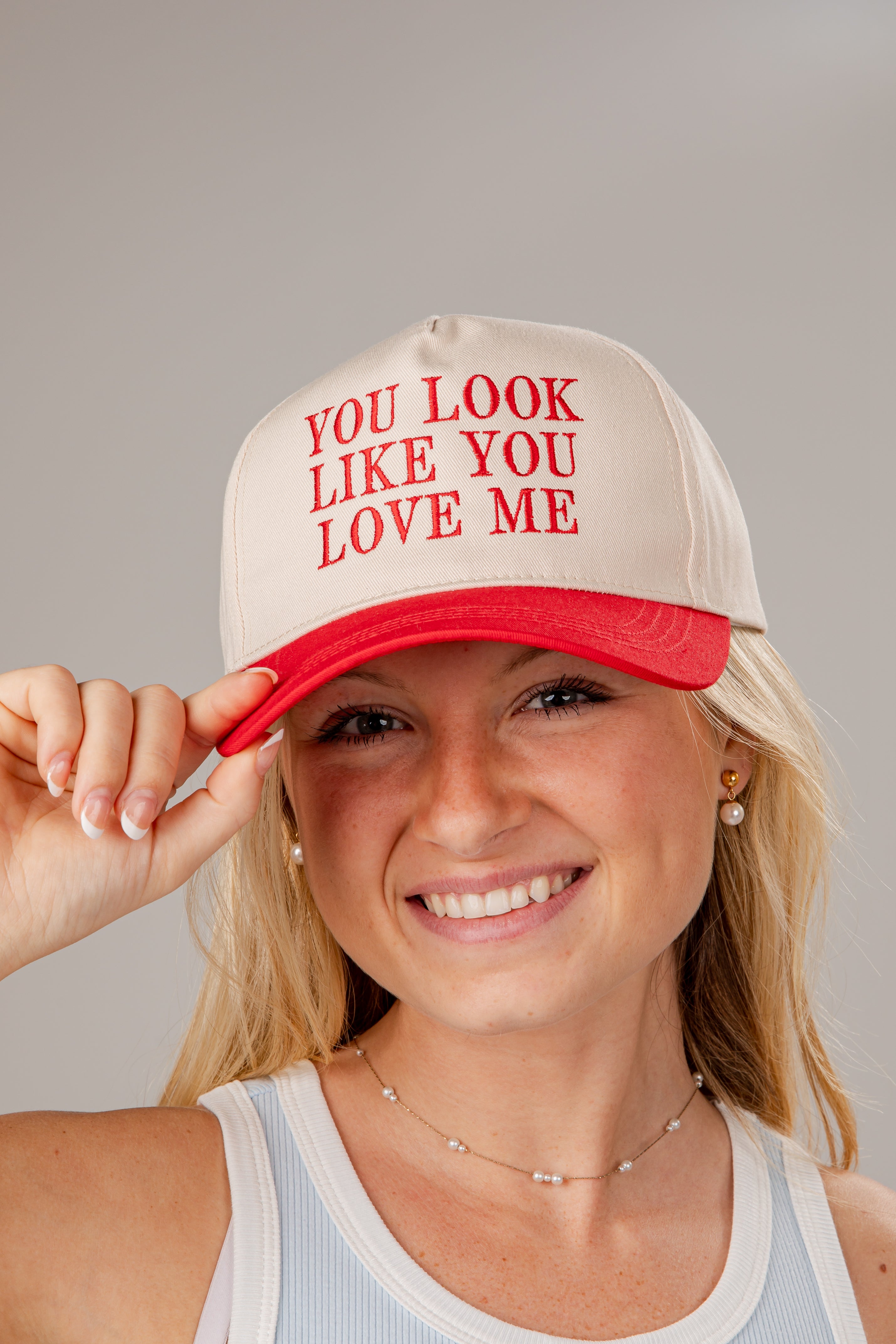 You Look Like You Love Me Red Embroidered Hat
