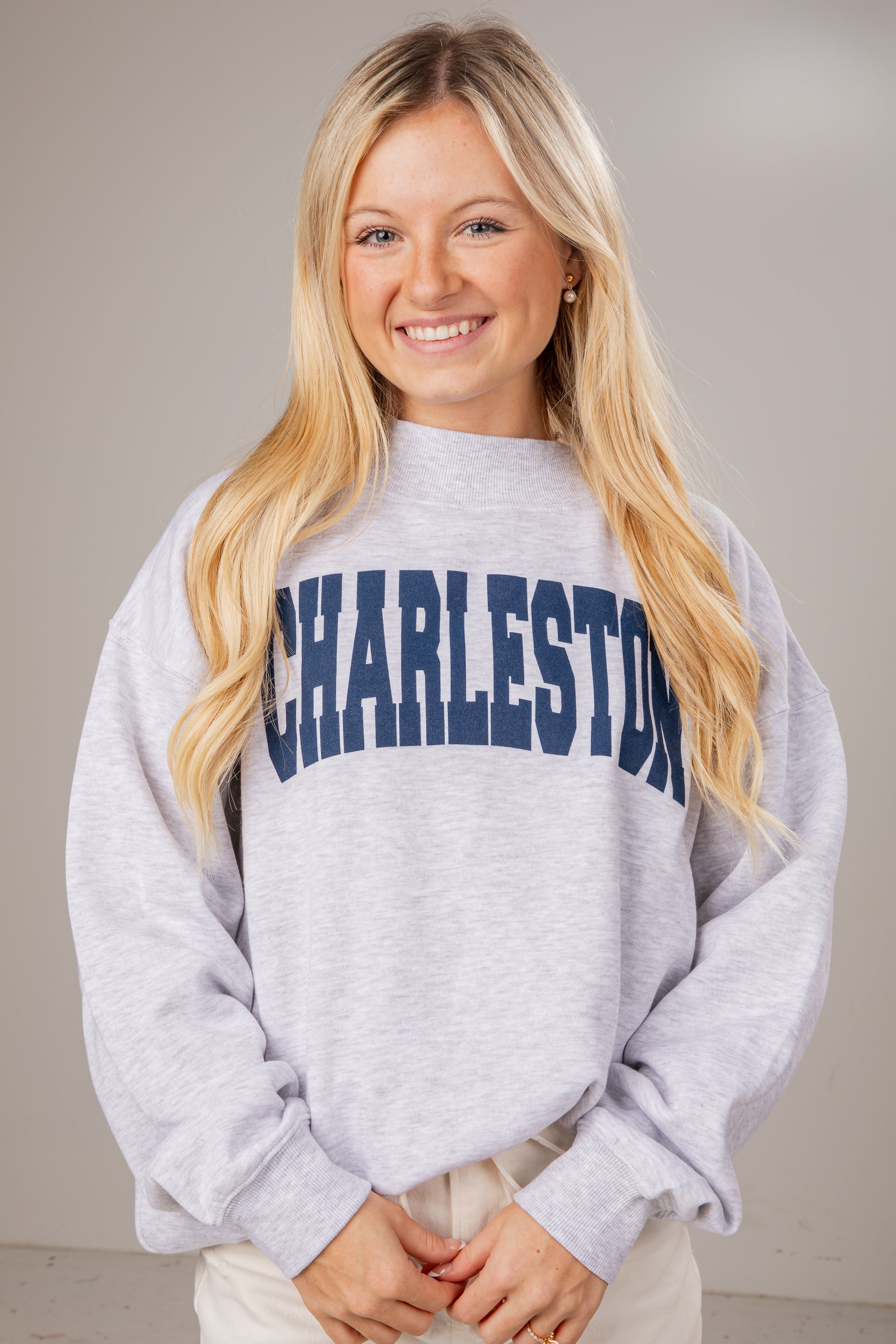 Heather Grey Charleston Navy Script Mockneck Sweatshirt