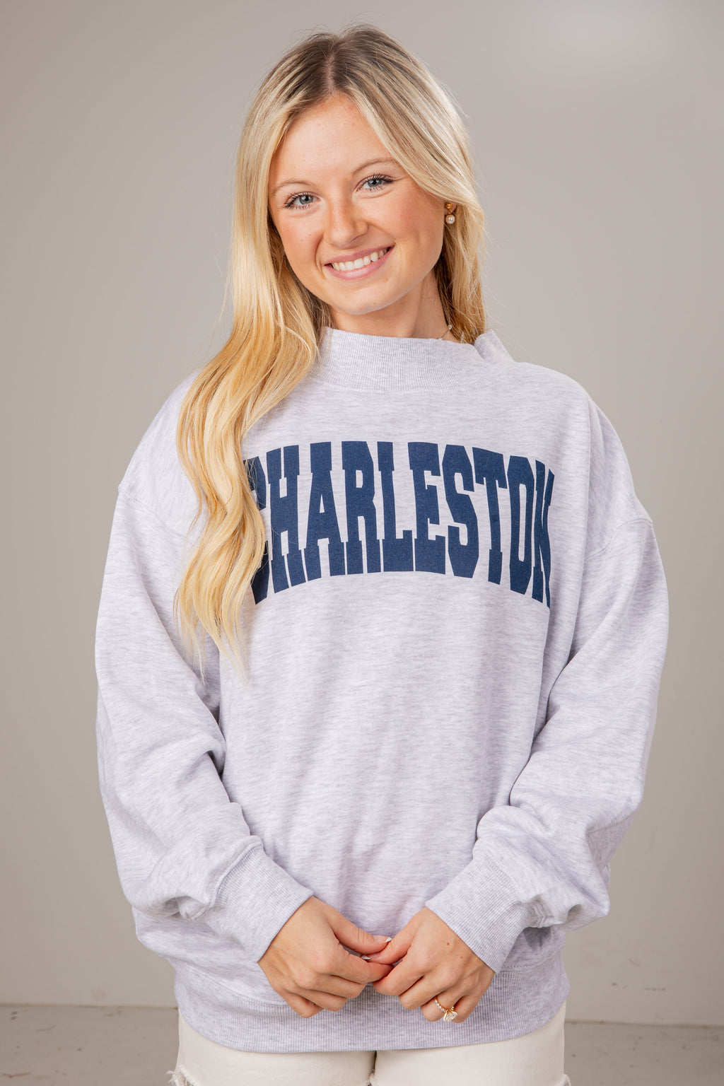 Heather Grey Charleston Navy Script Mockneck Sweatshirt