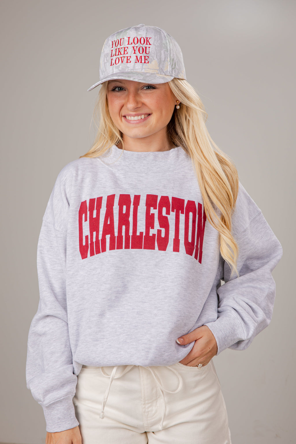Heather Grey Charleston Block Letter Mockneck Sweatshirt