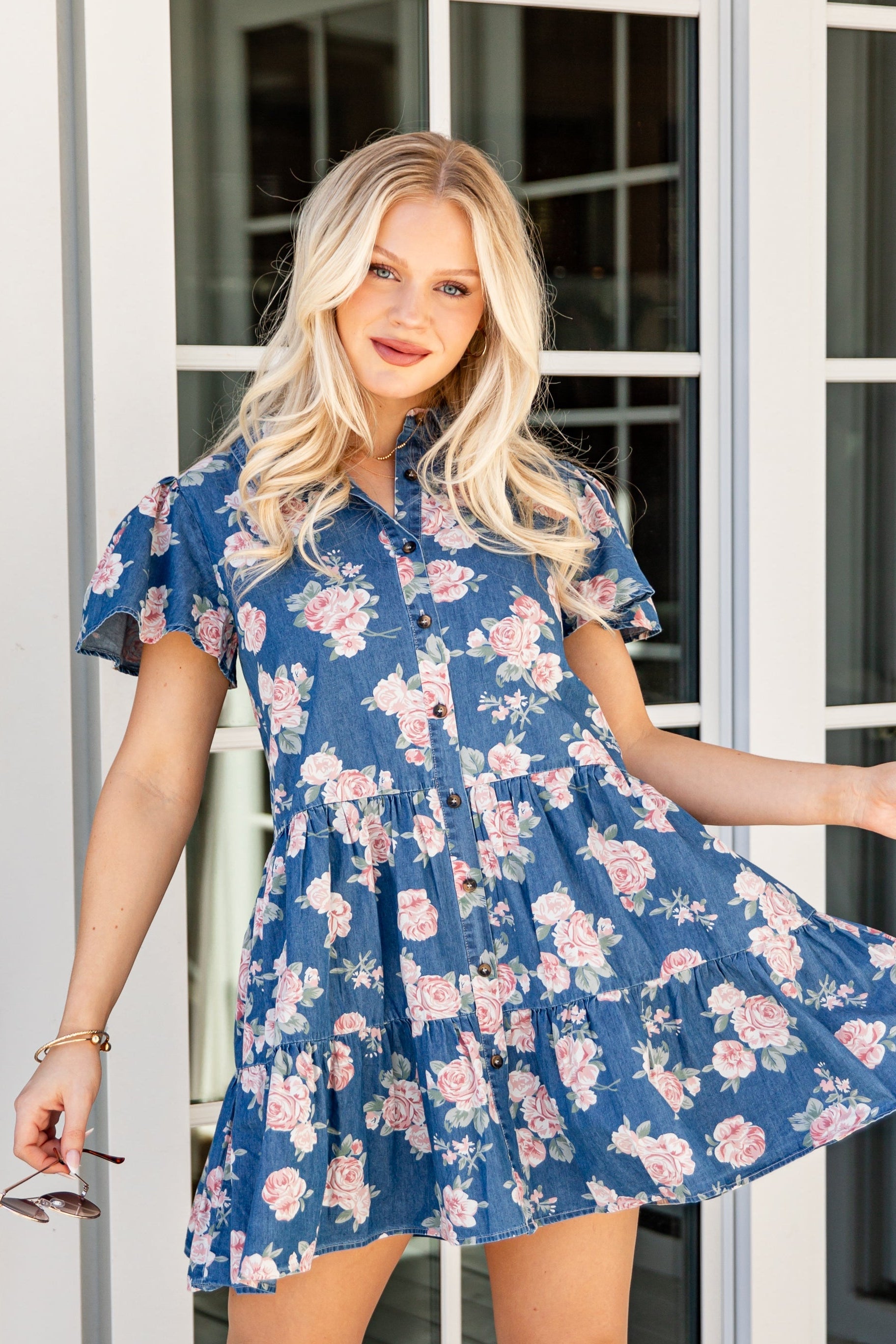In The Air Floral Denim Tiered Mini Dress