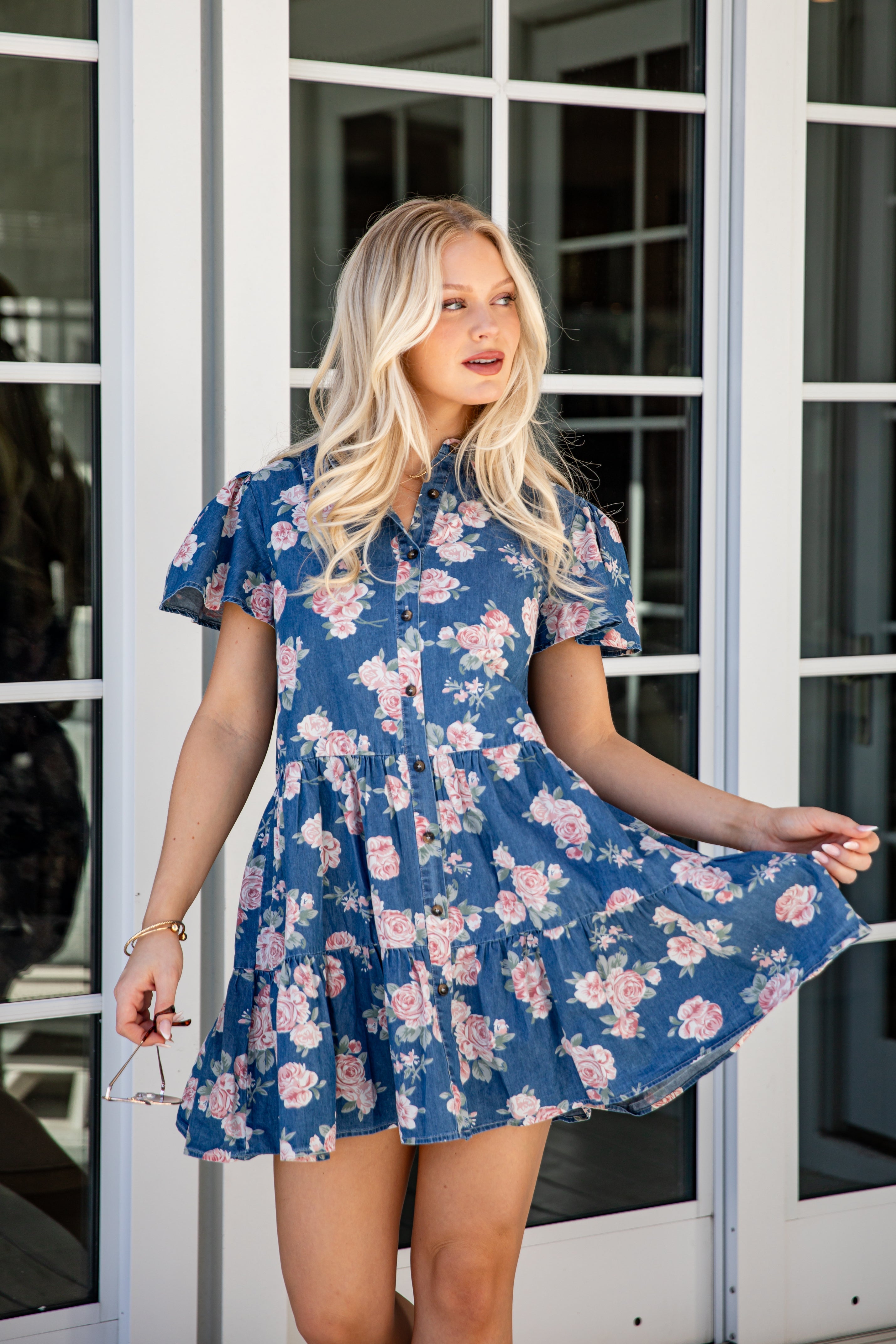 In The Air Floral Denim Tiered Mini Dress