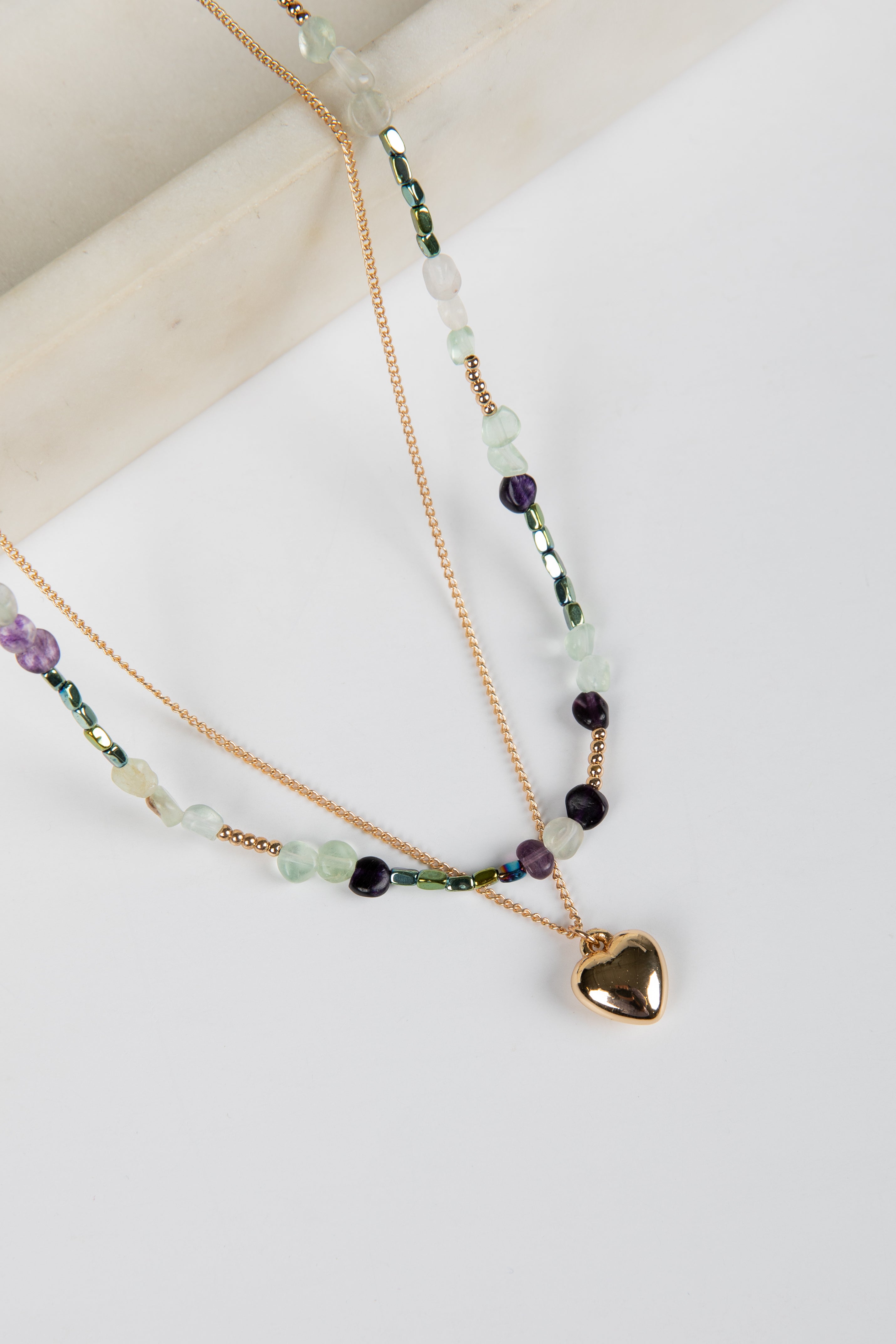 Zoe Gold Beaded Heart Charm Layered Necklace