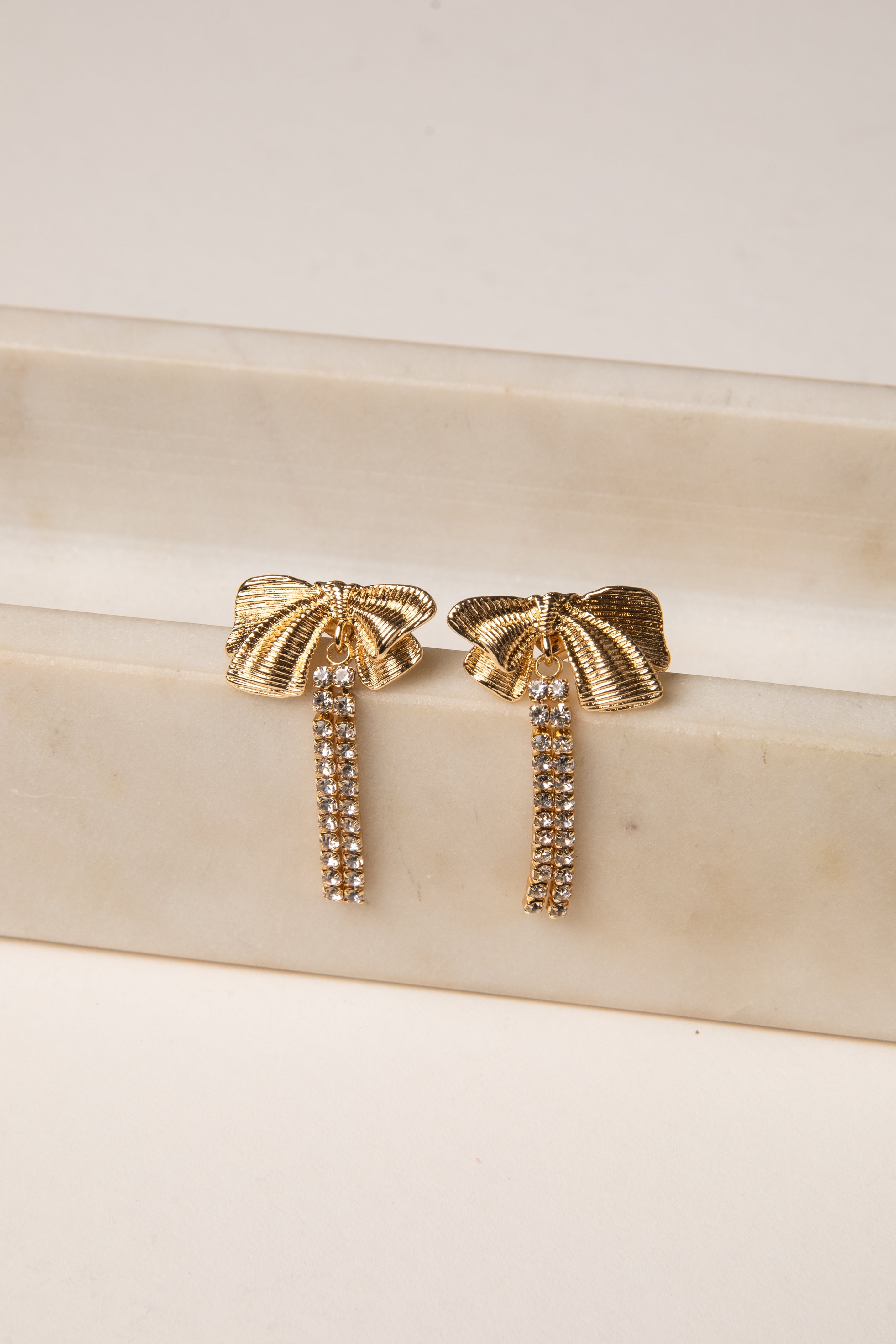 Millie Gold Bow Rhinestone Chain Drop Earrings