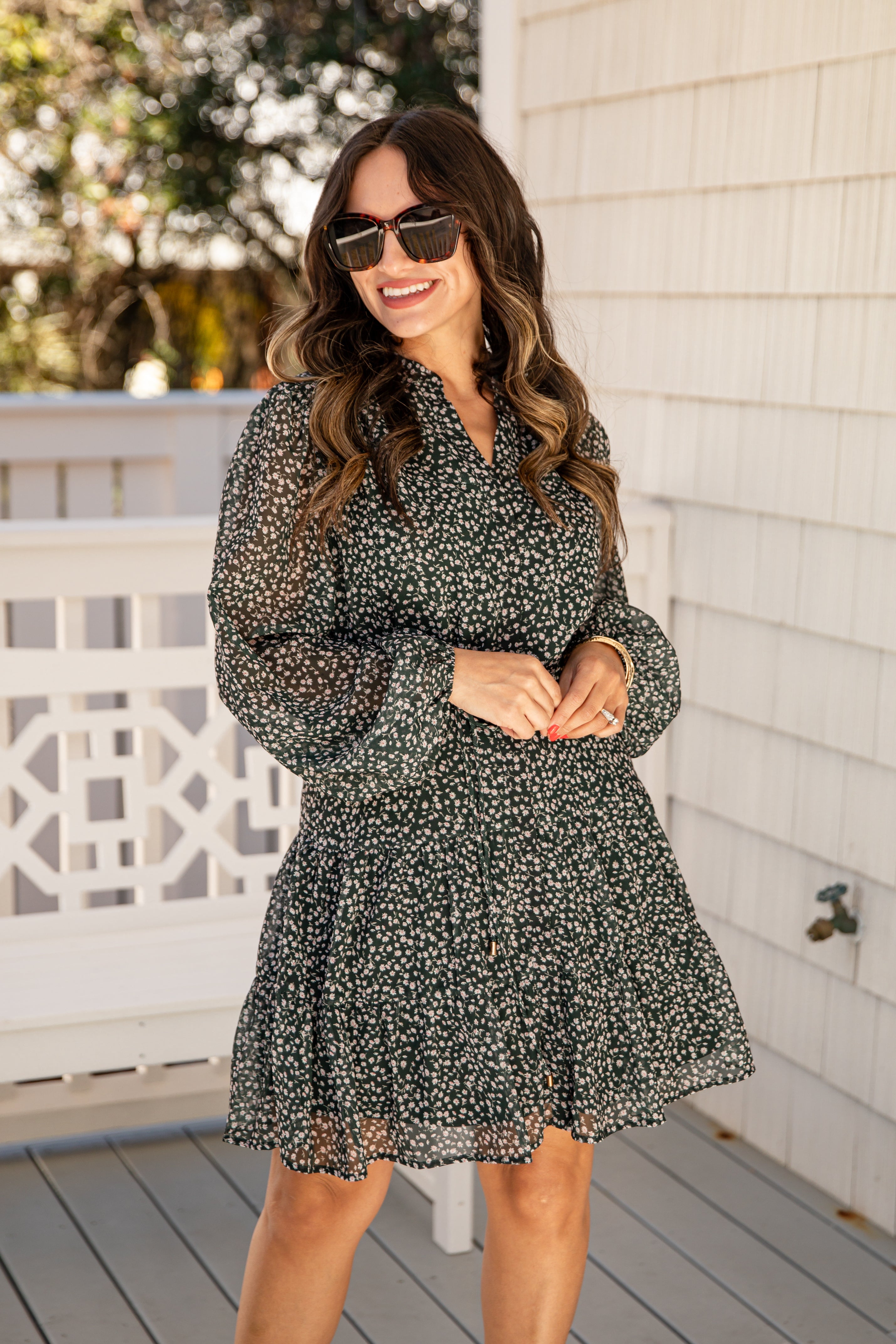 FINAL SALE - Darling Daisy Floral Tiered Green Mini Dress