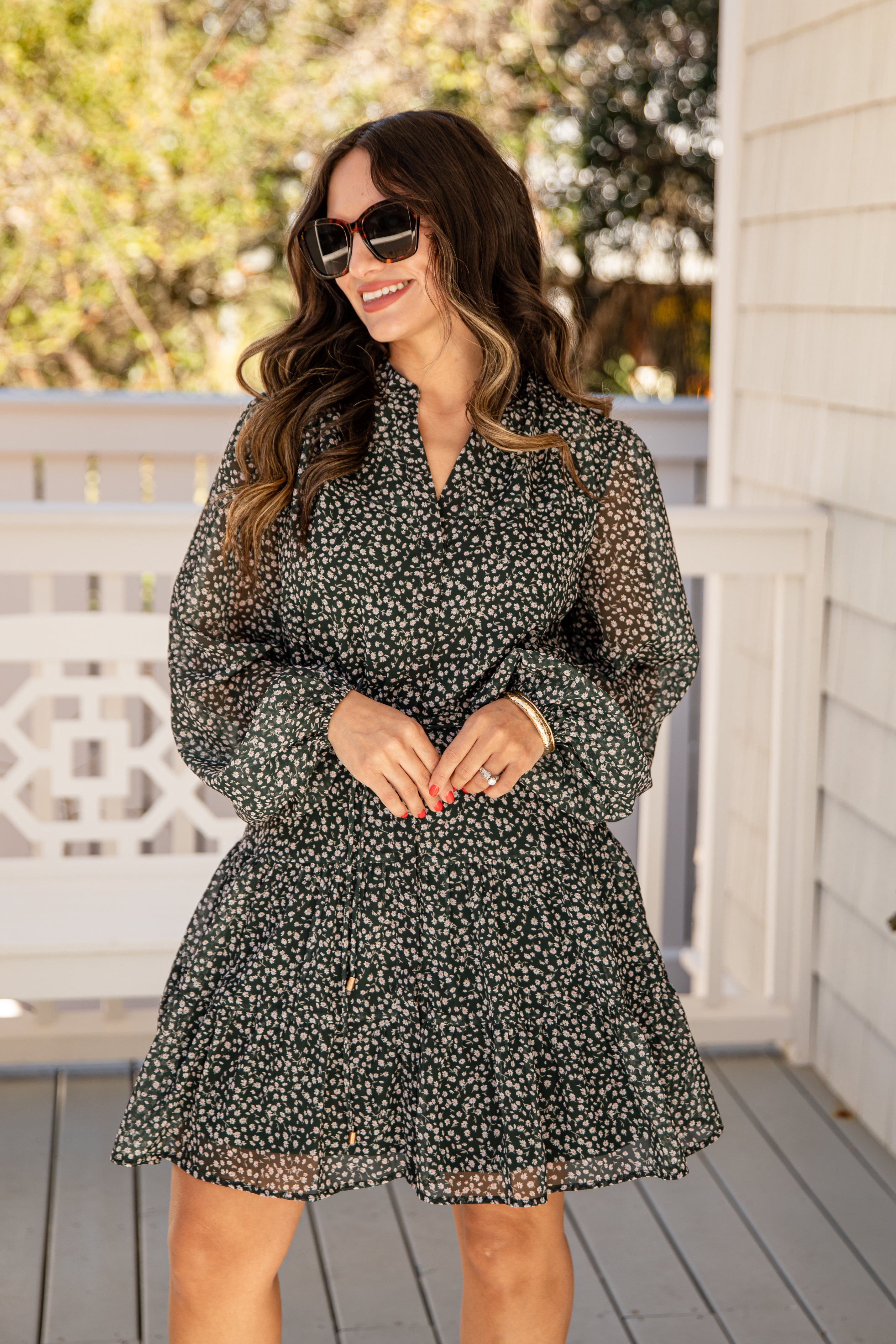 FINAL SALE - Darling Daisy Floral Tiered Green Mini Dress