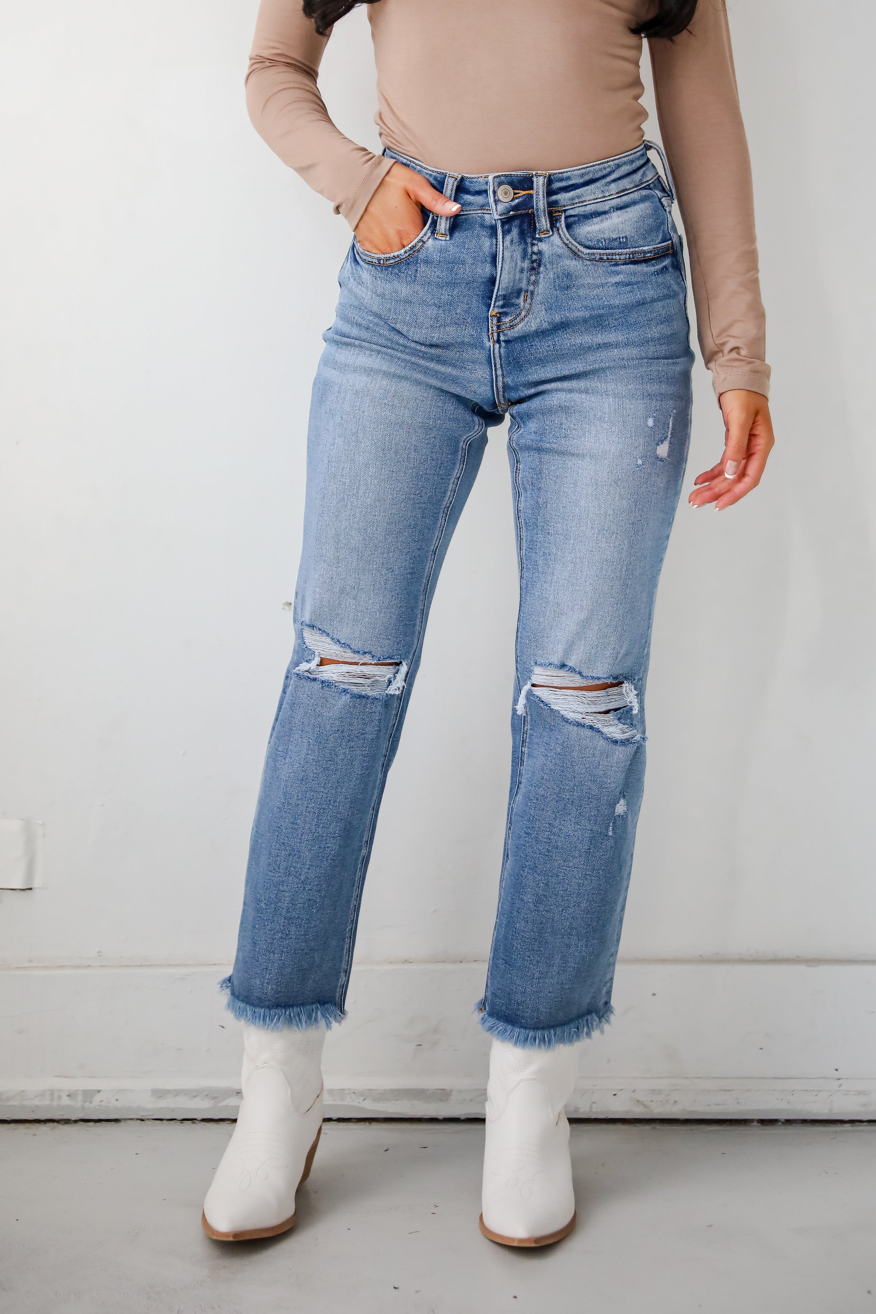 FINAL SALE - Emily Medium Wash High Rise Distressed Straight Leg Jeans