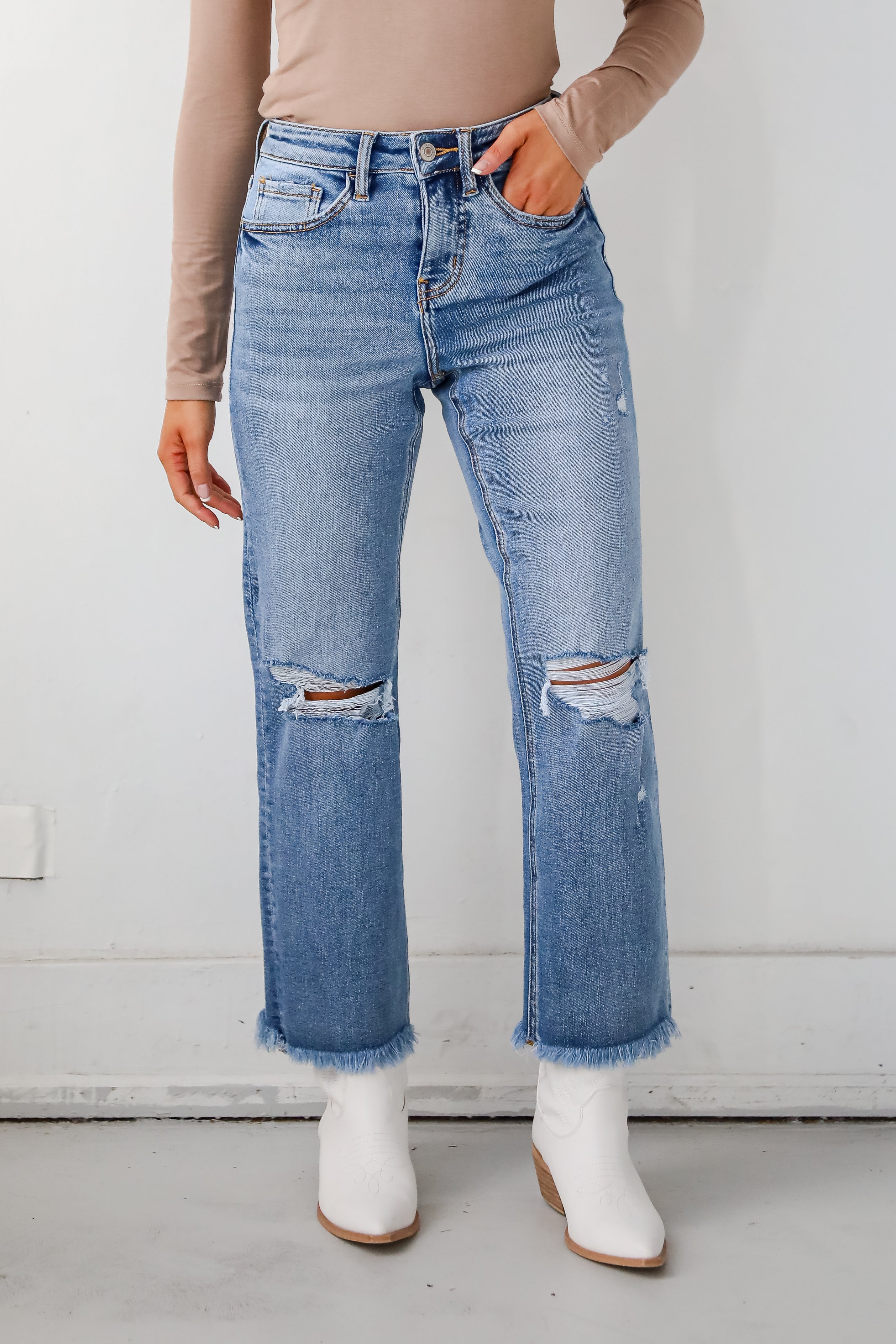 FINAL SALE - Emily Medium Wash High Rise Distressed Straight Leg Jeans