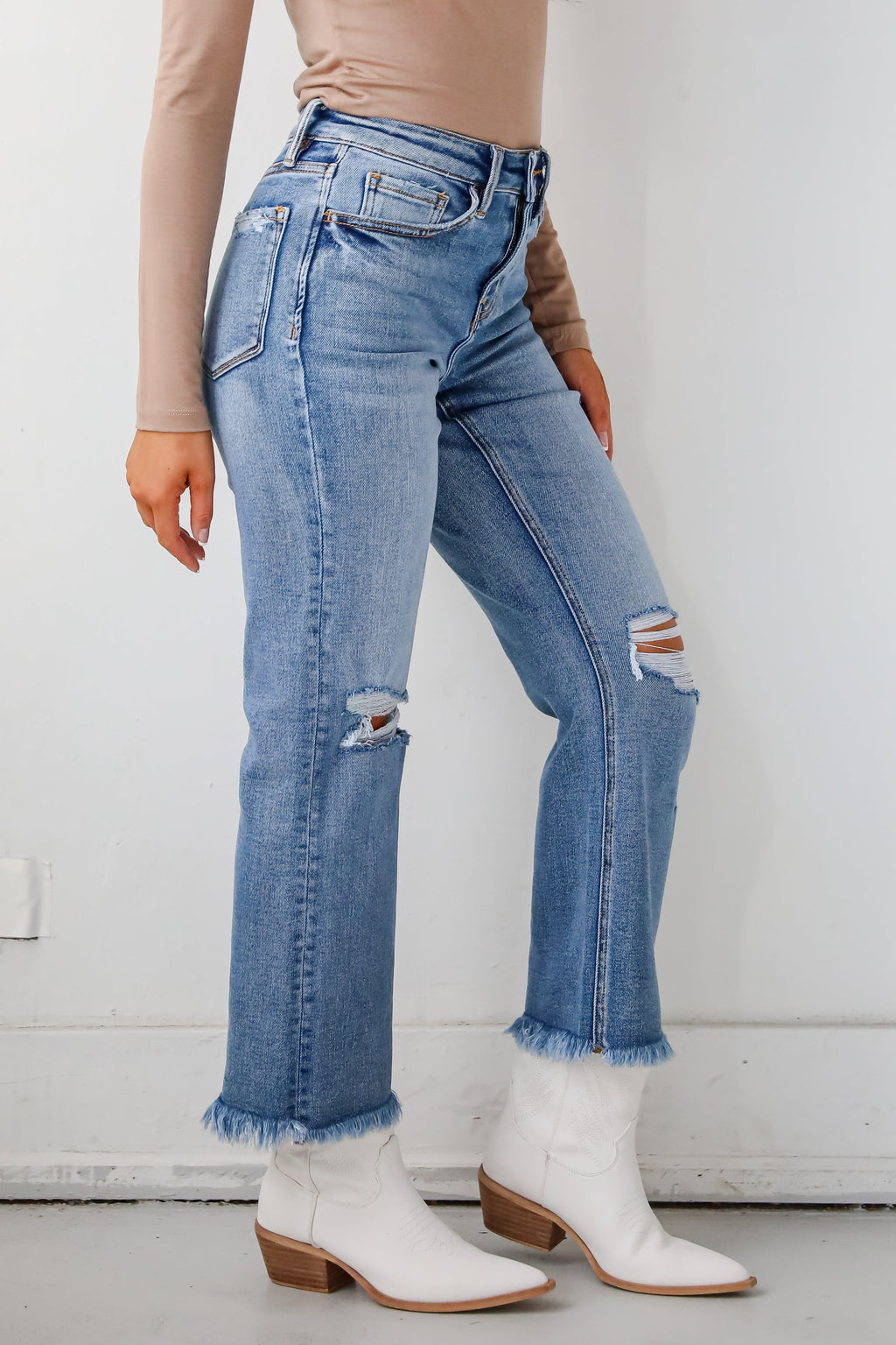FINAL SALE - Emily Medium Wash High Rise Distressed Straight Leg Jeans