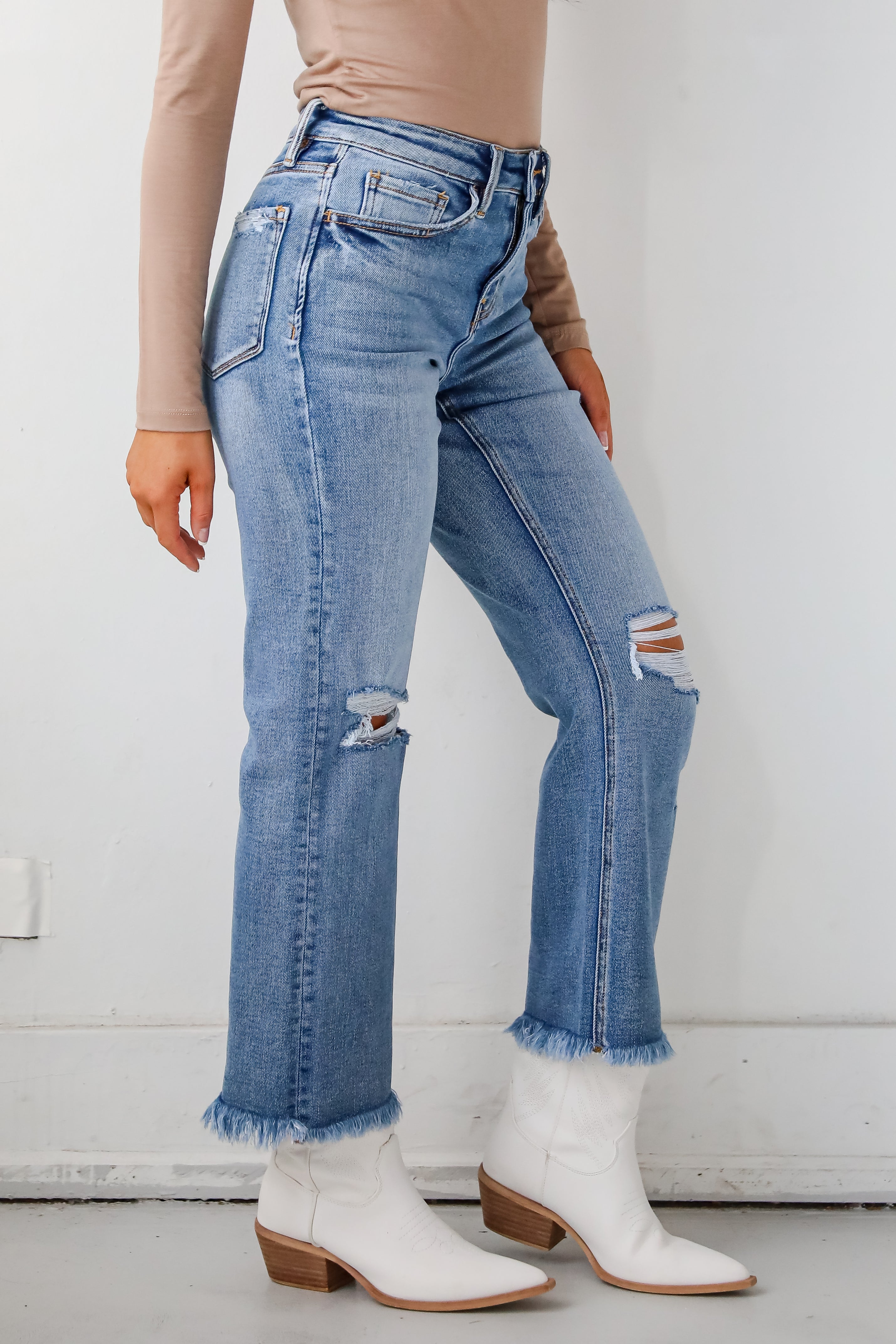 FINAL SALE - Emily Medium Wash High Rise Distressed Straight Leg Jeans
