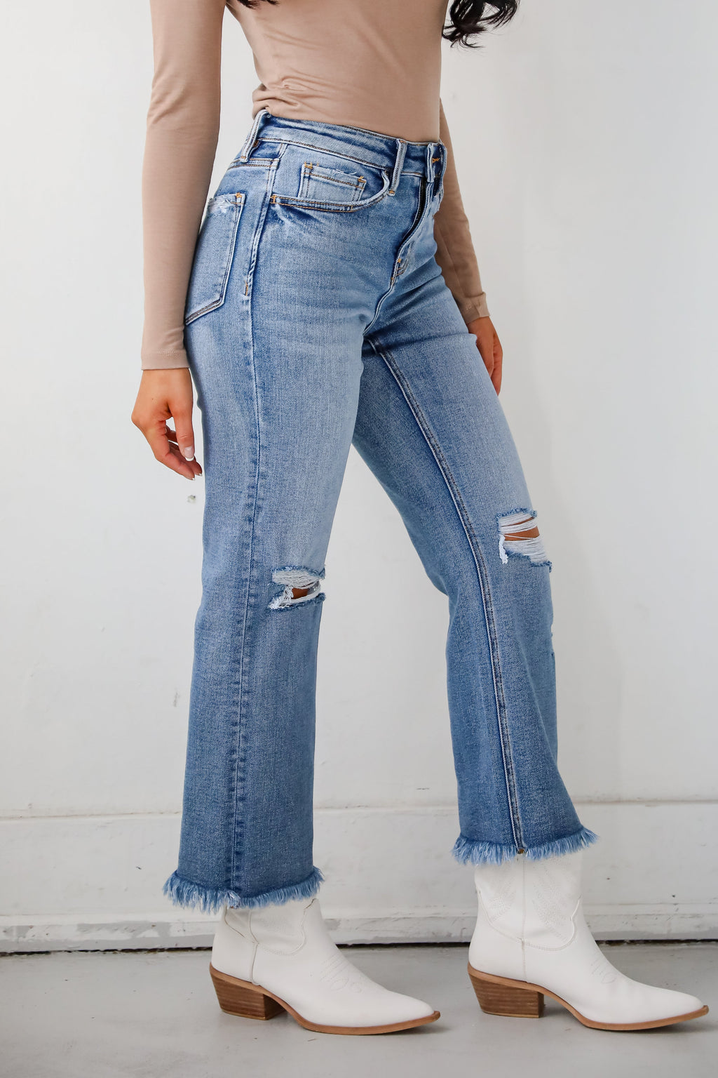 FINAL SALE - Emily Medium Wash High Rise Distressed Straight Leg Jeans