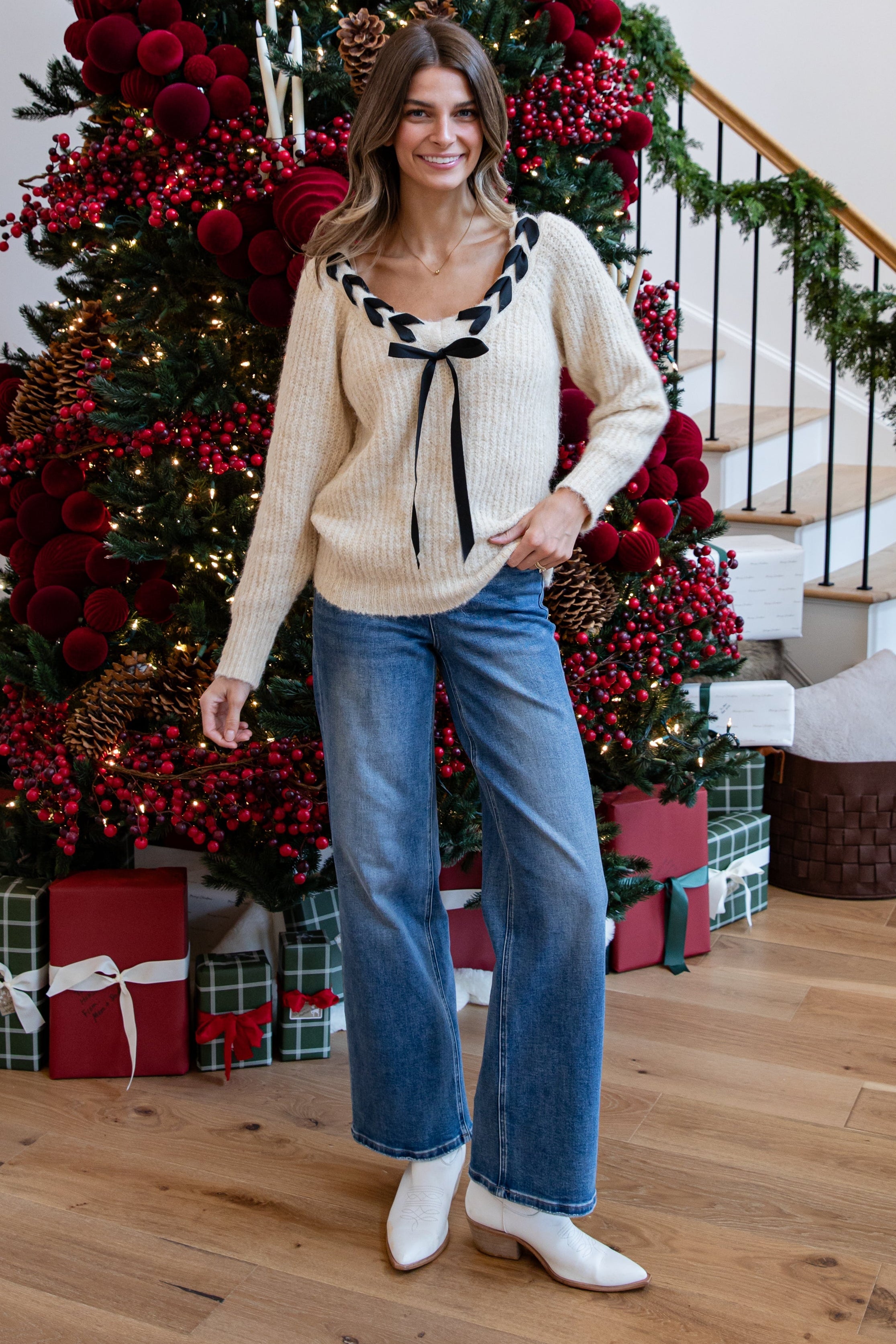 FINAL SALE - Warm Ember Braided Ribbon Tie Oatmeal Sweater