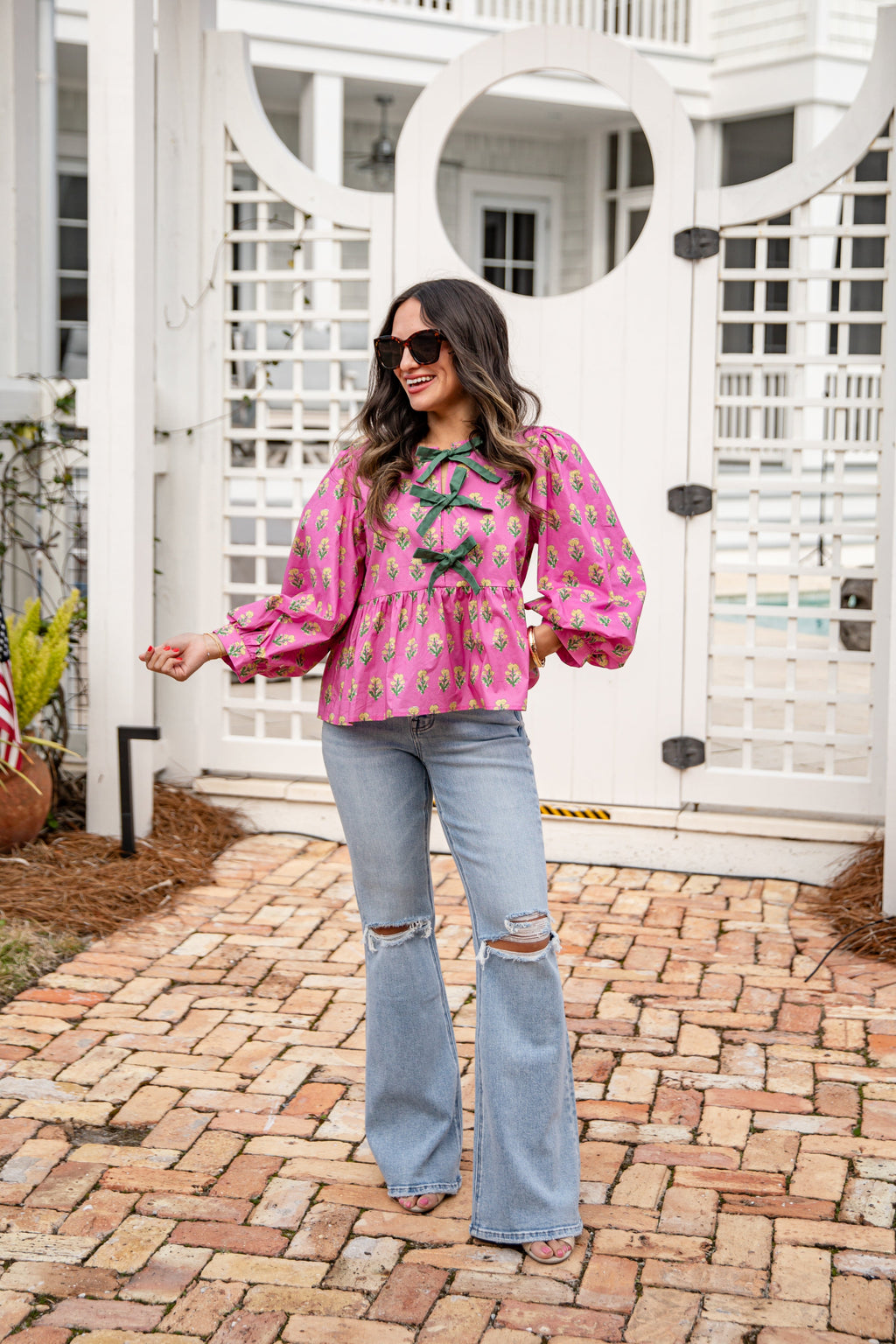FINAL SALE - Rosewood Charm Floral Bow Front Blouse