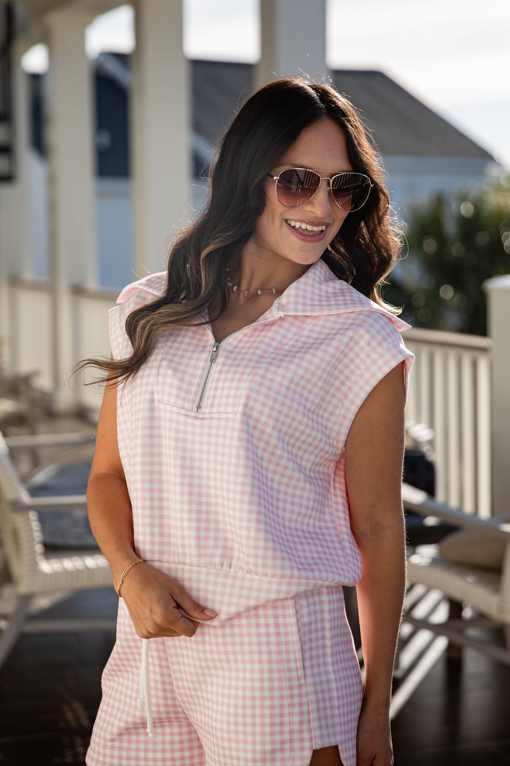 Pretty In Gingham Collared Zip Tank