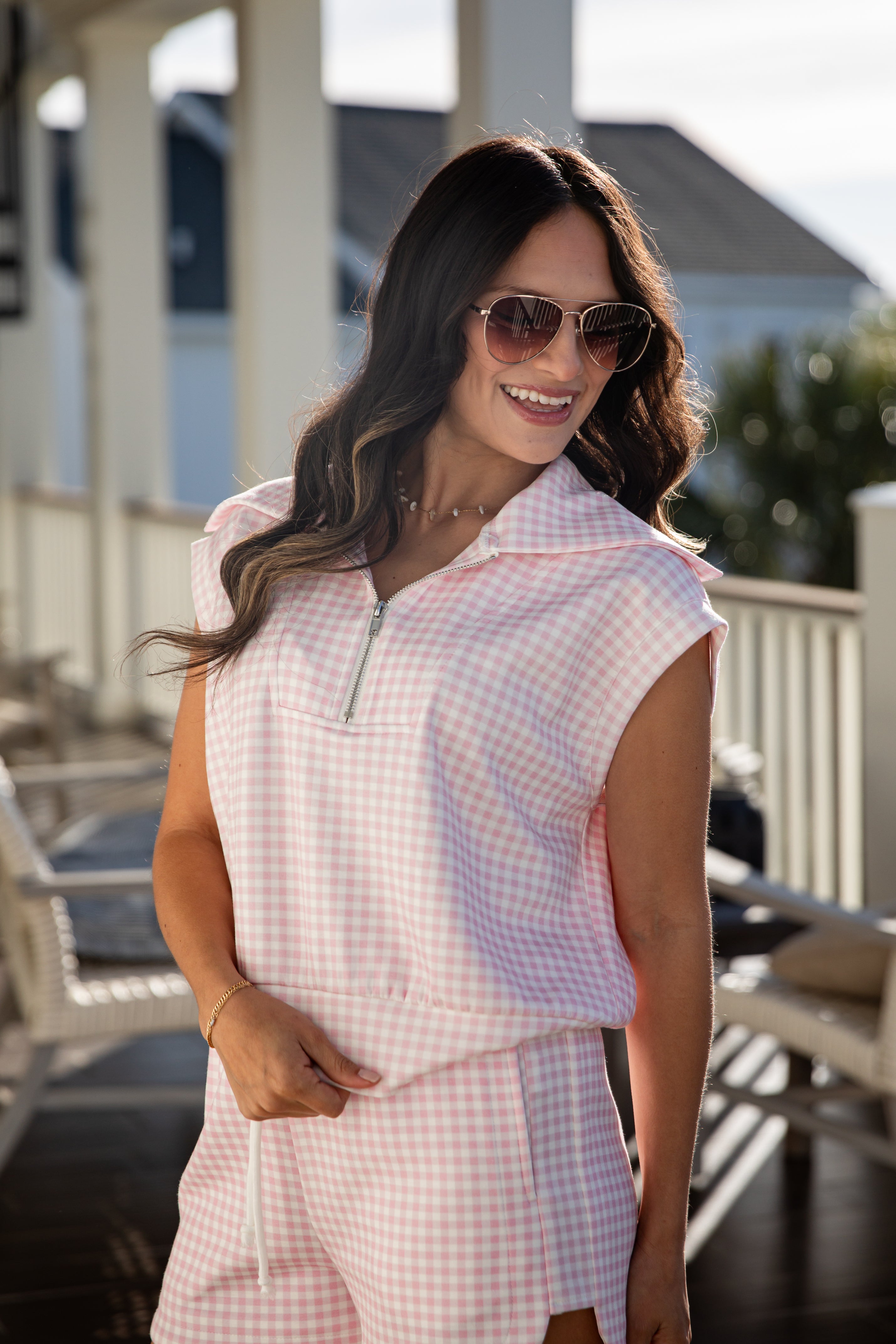 Pretty In Gingham Collared Zip Tank