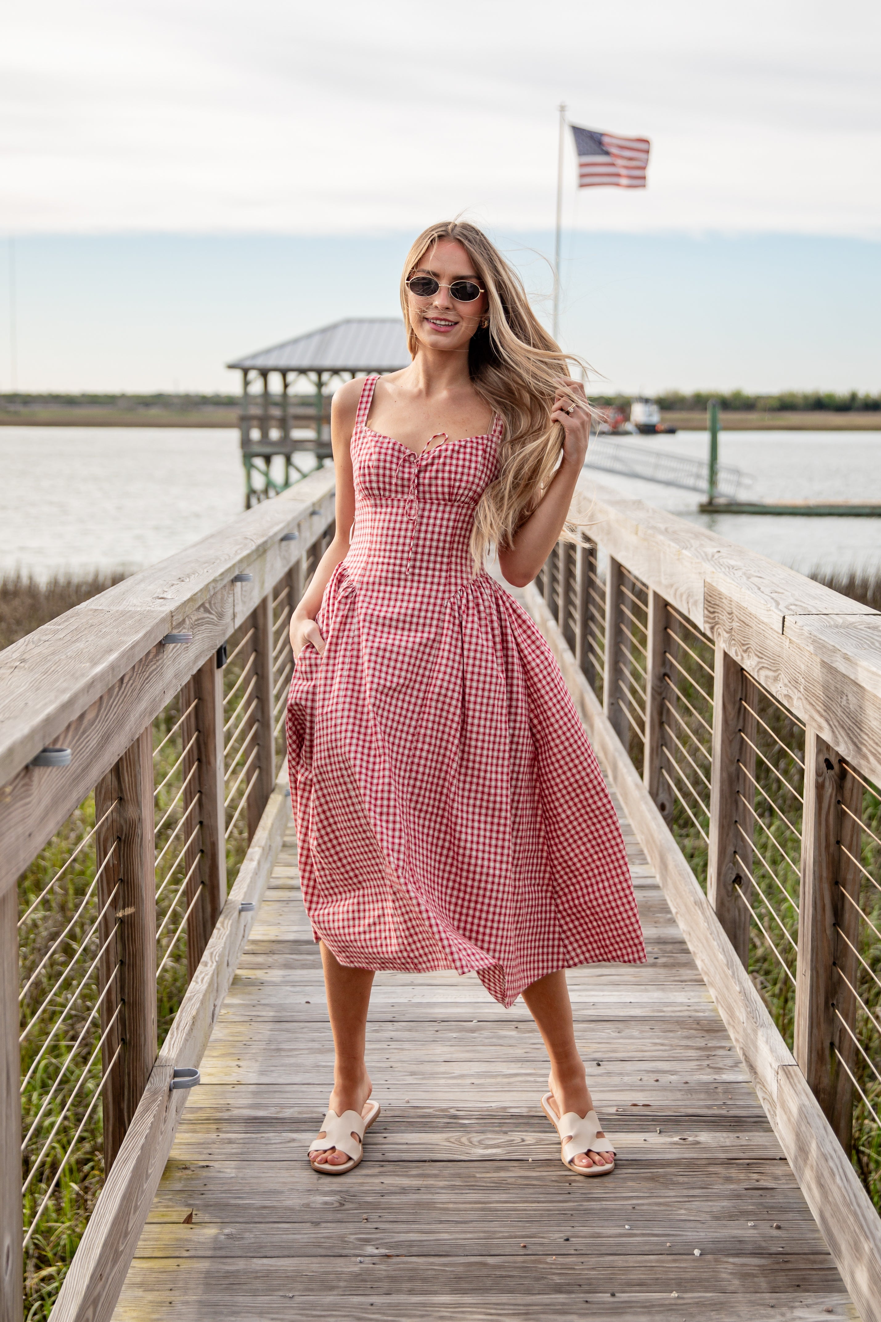 Sweet Cherry Red Plaid Midi Dress