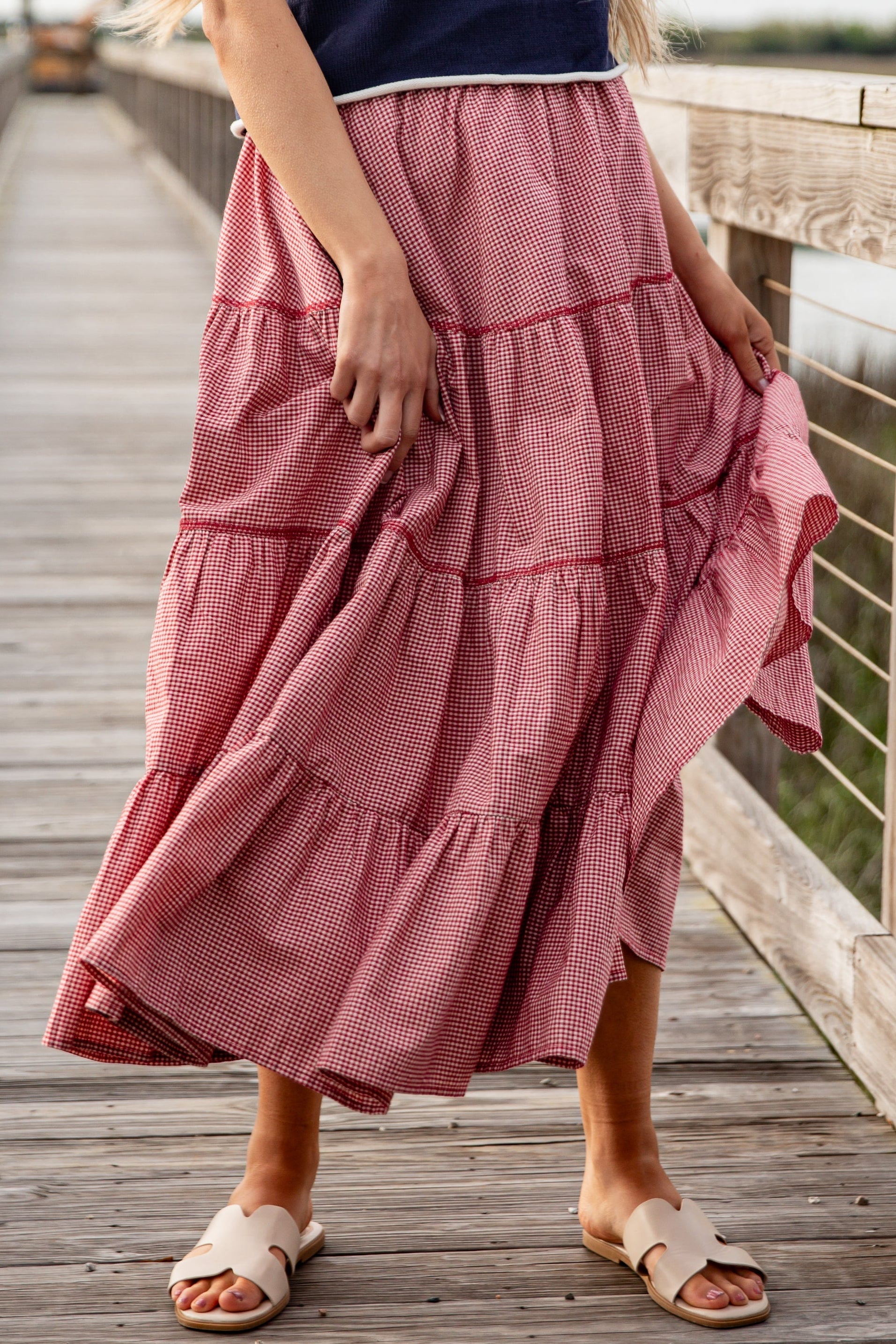 Heartland Breeze Gingham Tiered Maxi Skirt