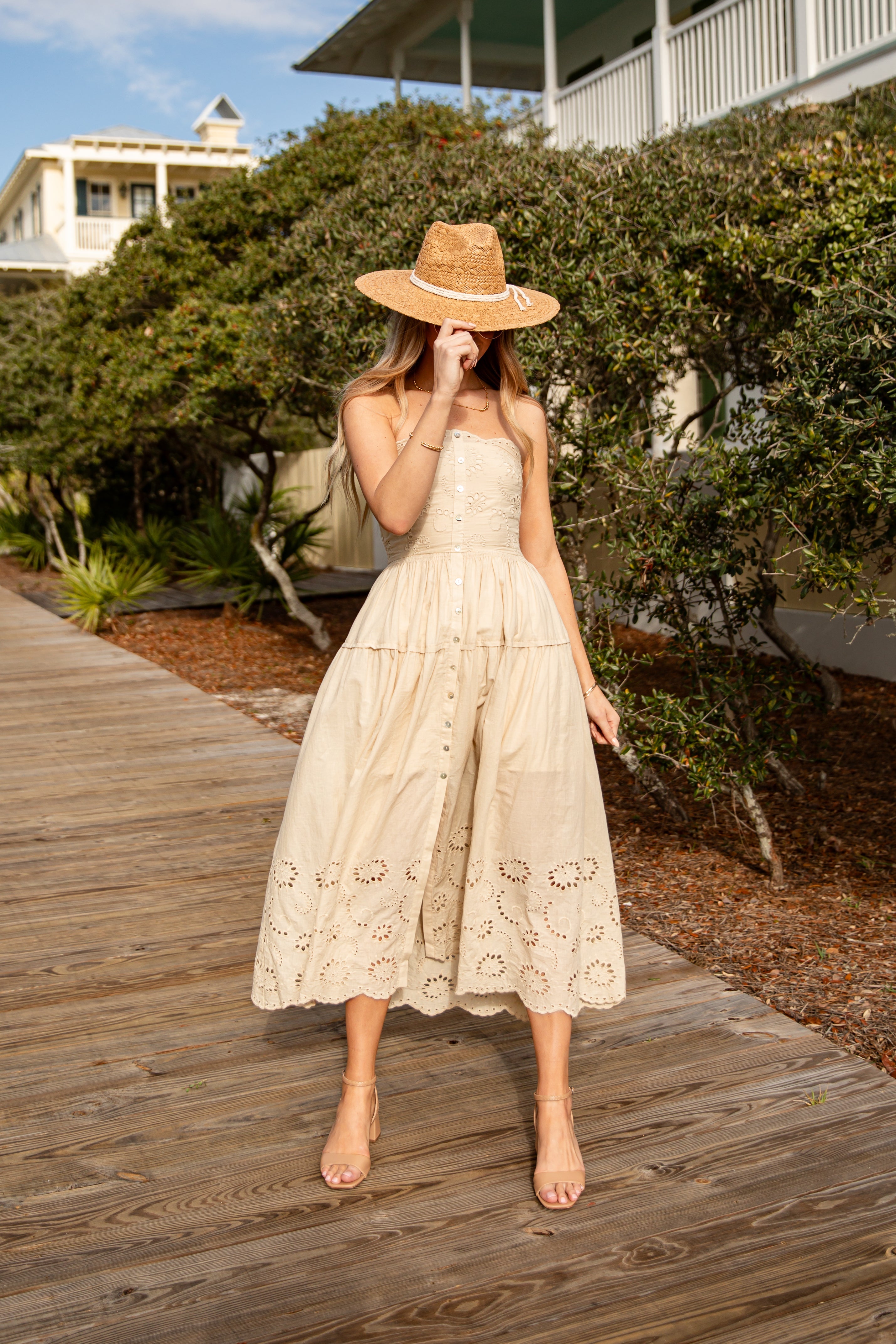 Sandy Secrets Eyelet Taupe Maxi Dress