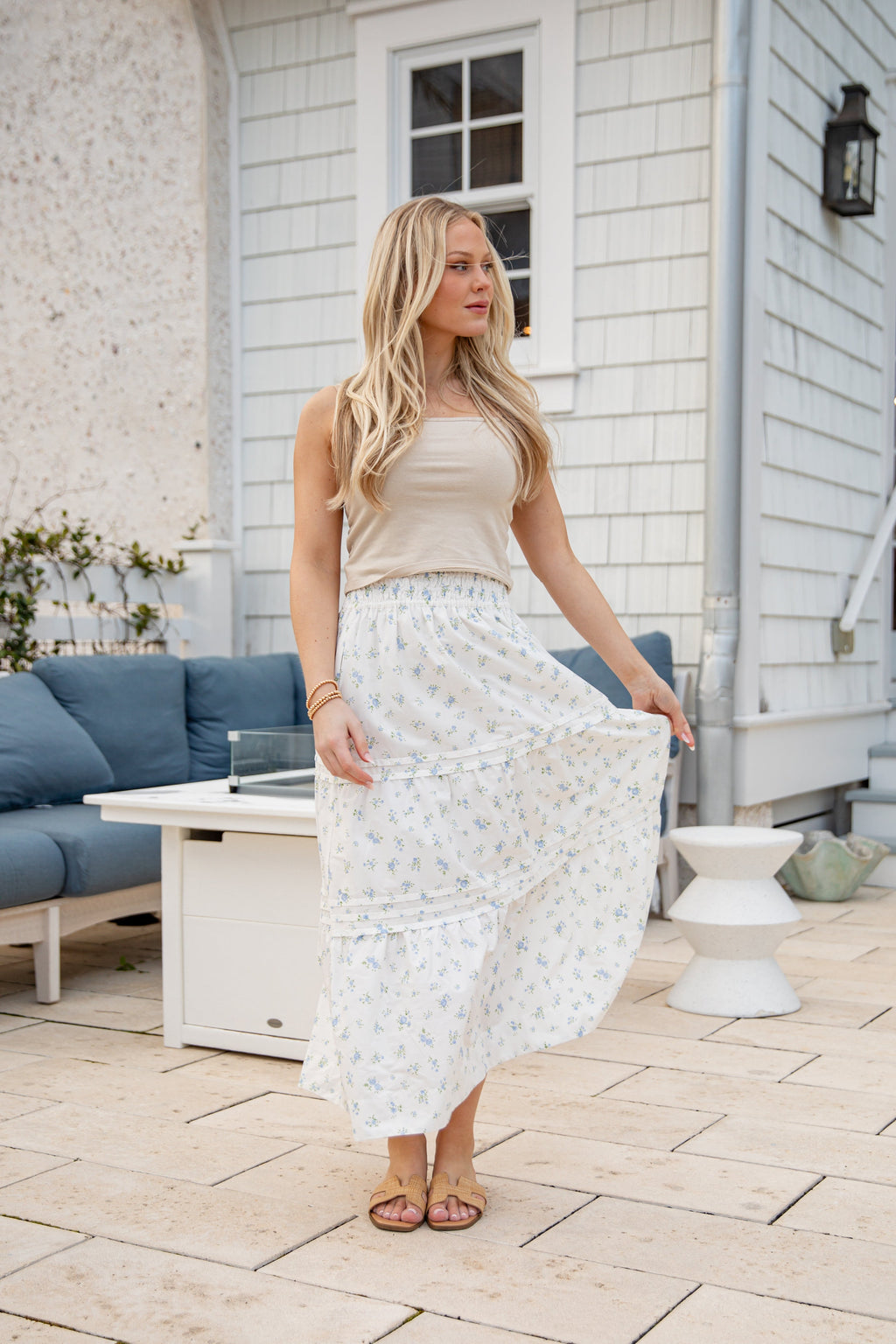 Santorini Bloom White Floral Tiered Maxi Skirt