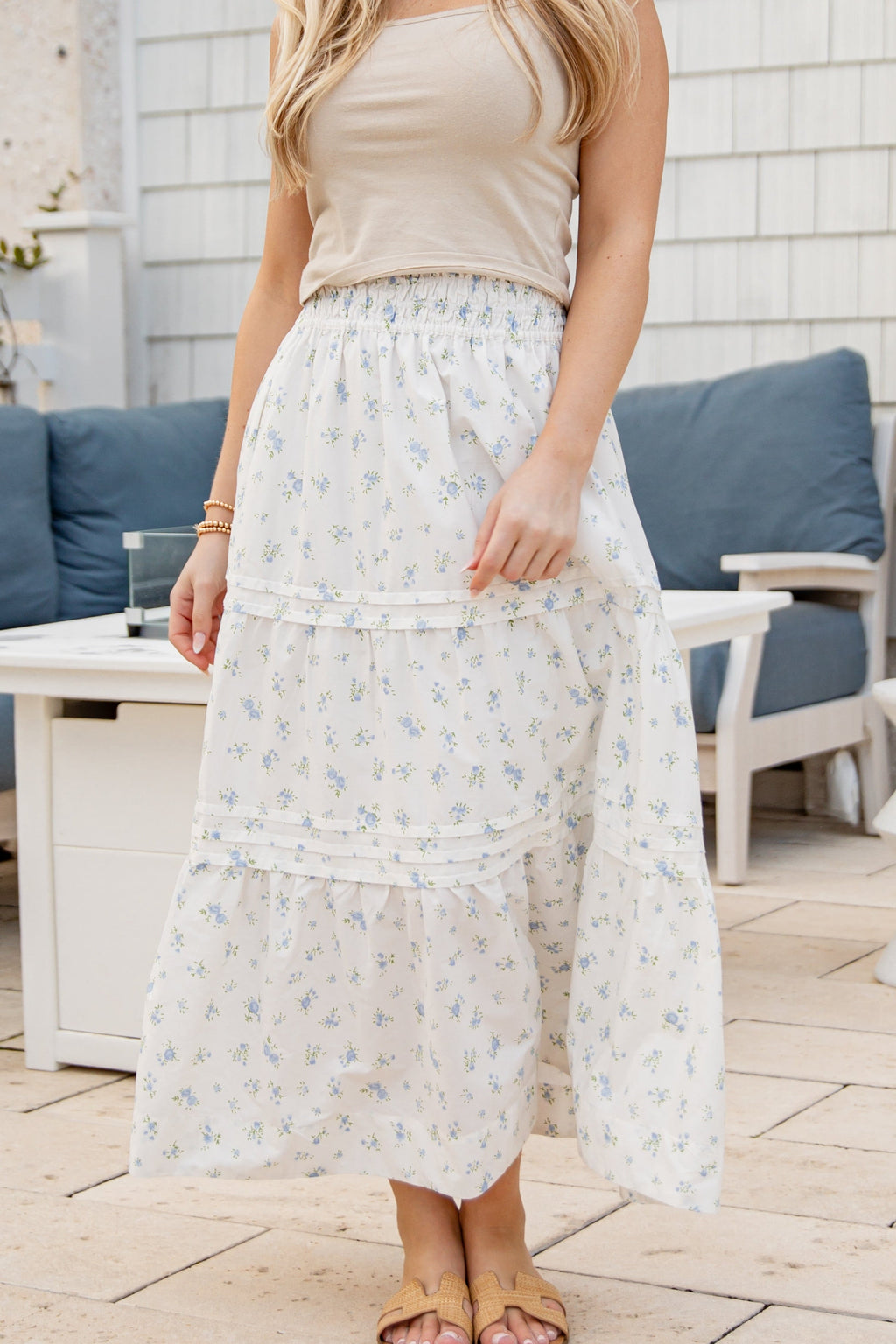 Santorini Bloom White Floral Tiered Maxi Skirt