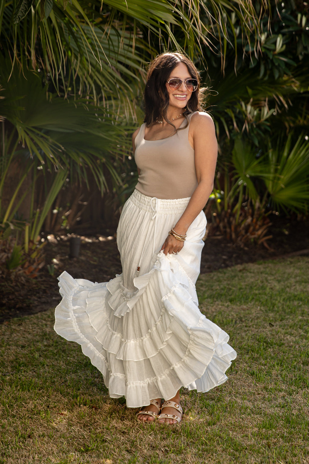 Relaxed Yet Polished Tiered Ruffle White Maxi Skirt