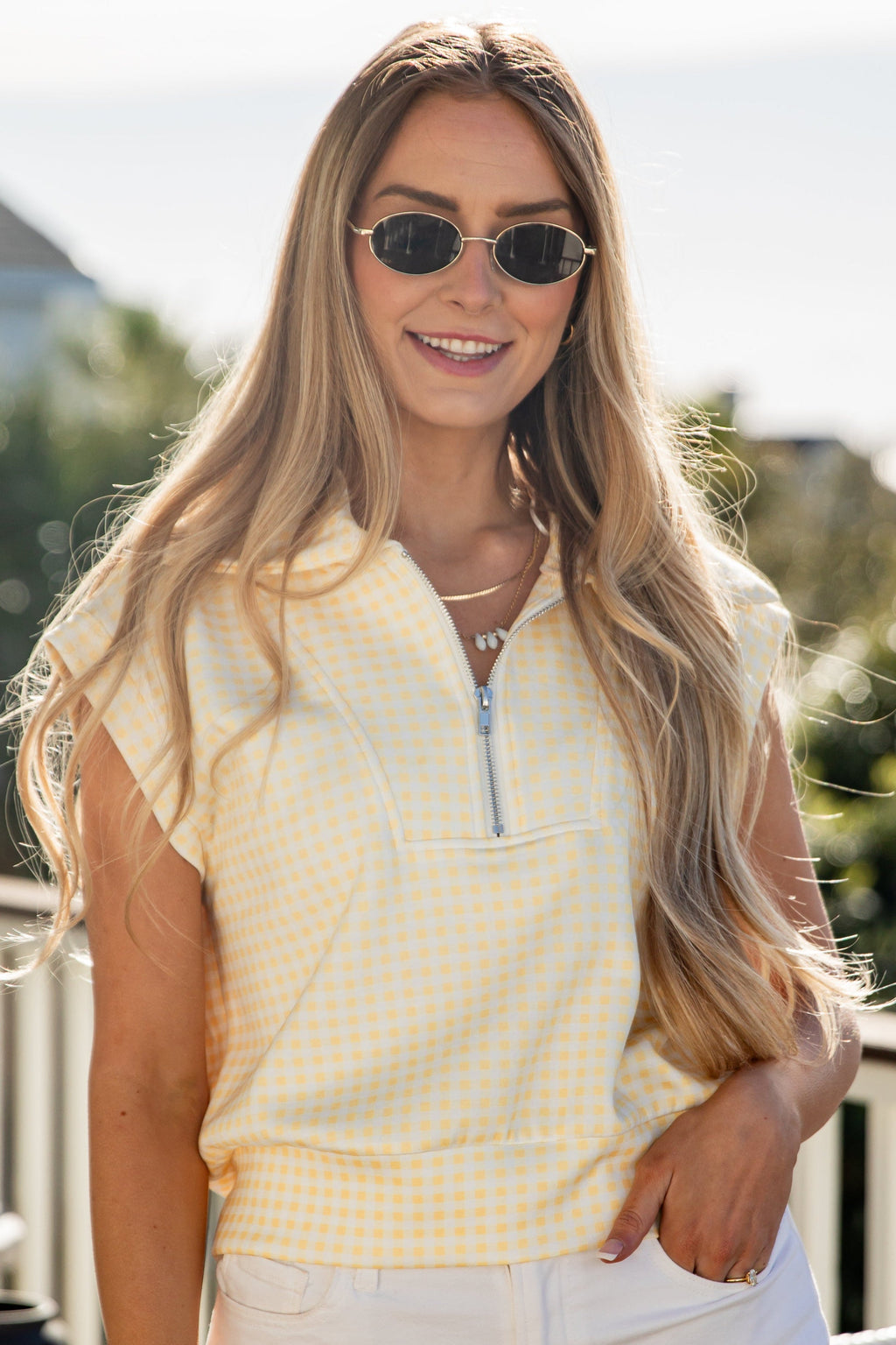 Pretty In Gingham Collared Zip Tank